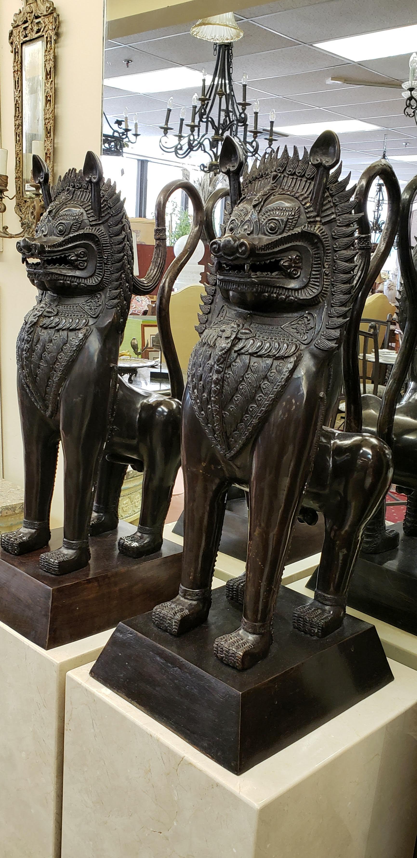 Bronze Temple Lion Foo Dogs on Marble Pedestals, Pair 10