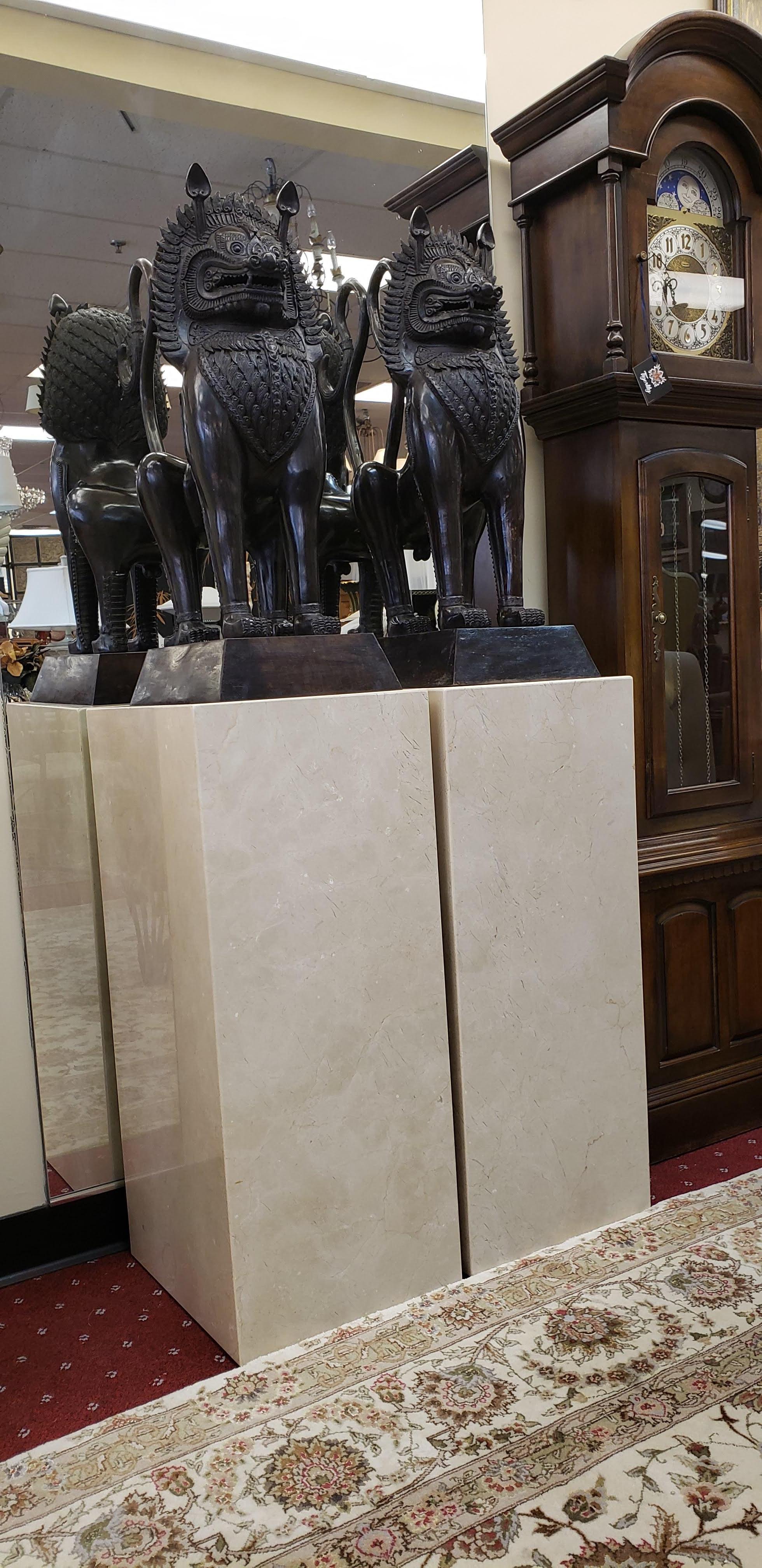 Chinese Bronze Temple Lion Foo Dogs on Marble Pedestals, Pair