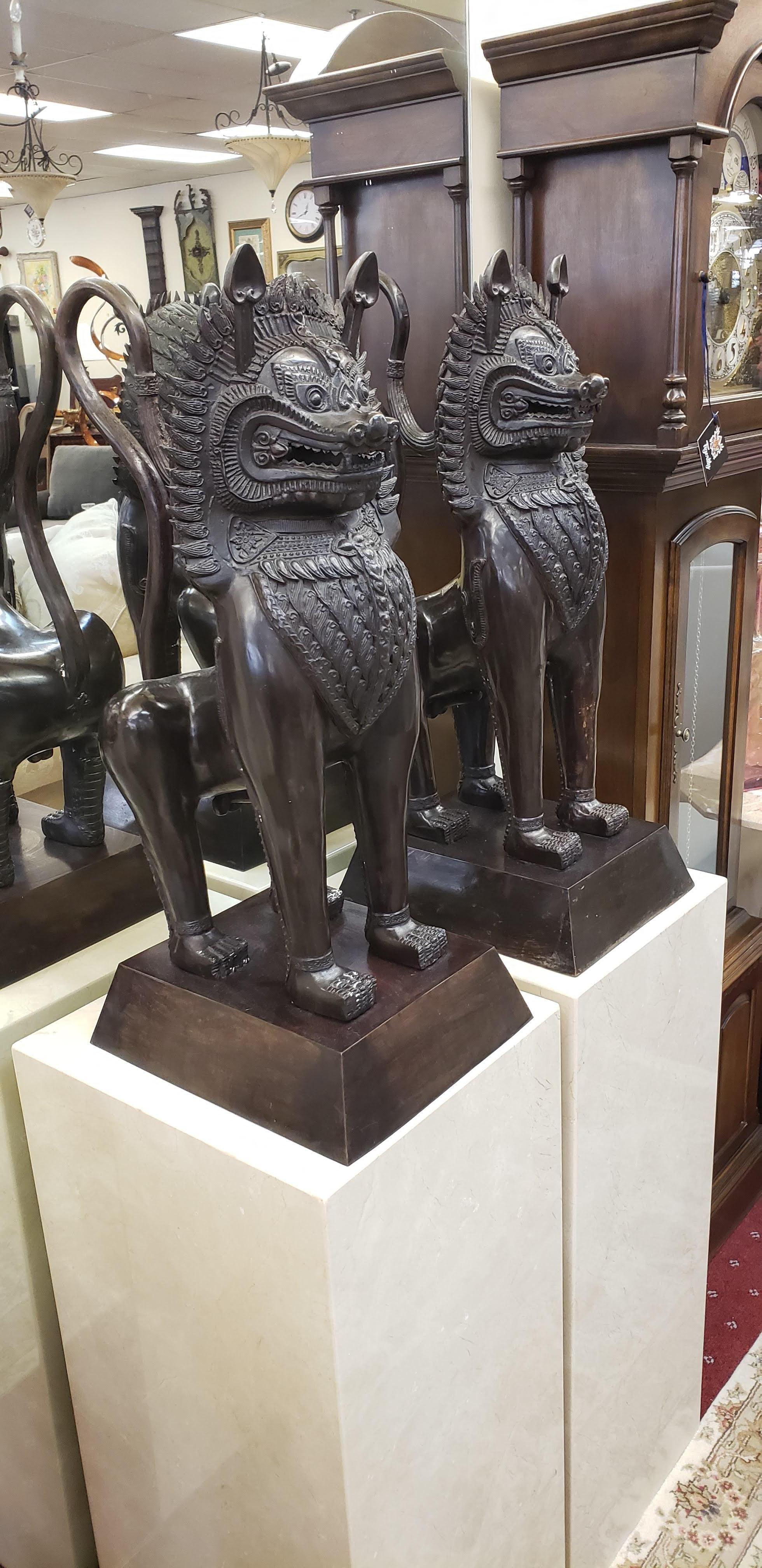 Cast Bronze Temple Lion Foo Dogs on Marble Pedestals, Pair