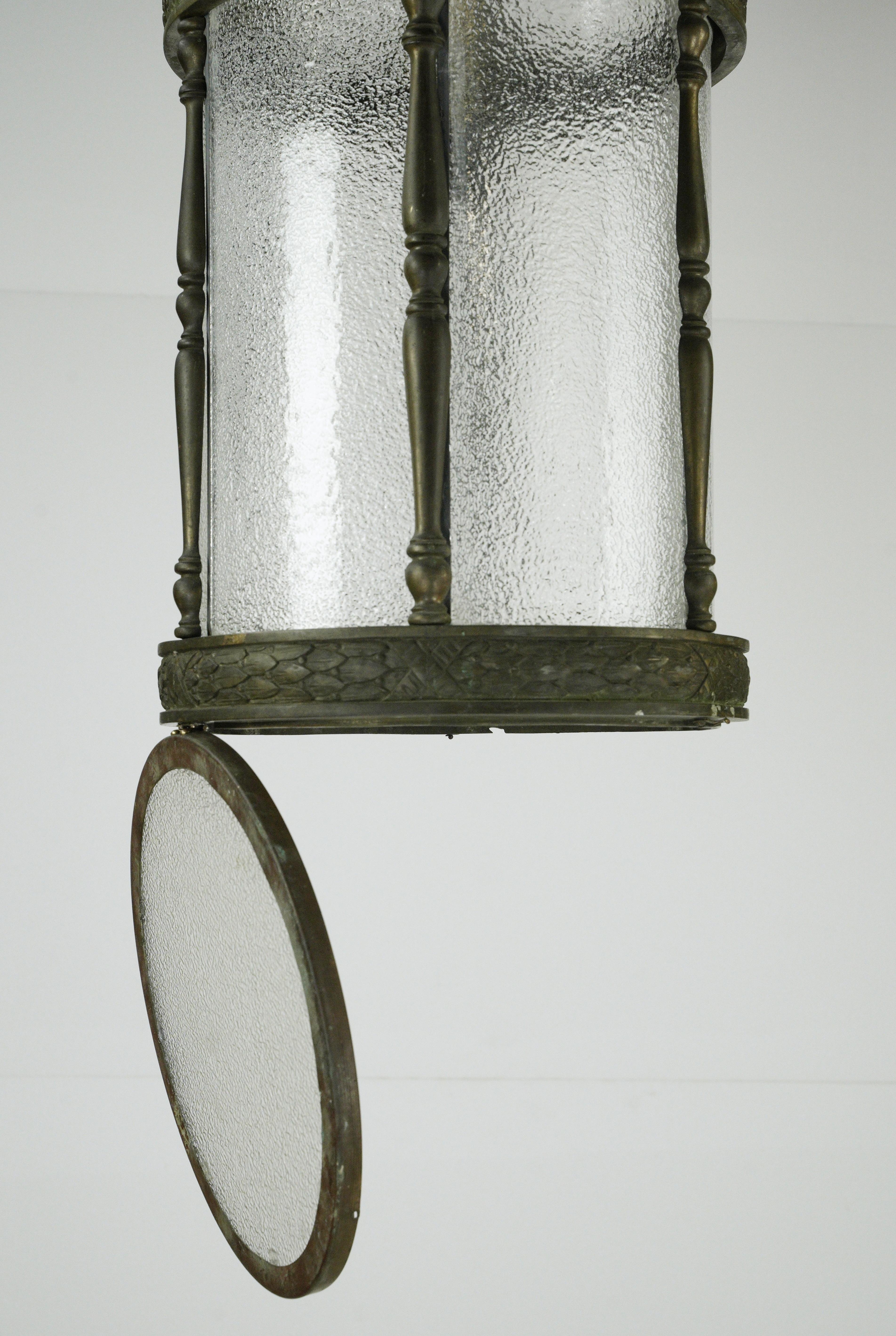 Bronze & Textured Glass Cylindrical Hanging Lantern For Sale 6