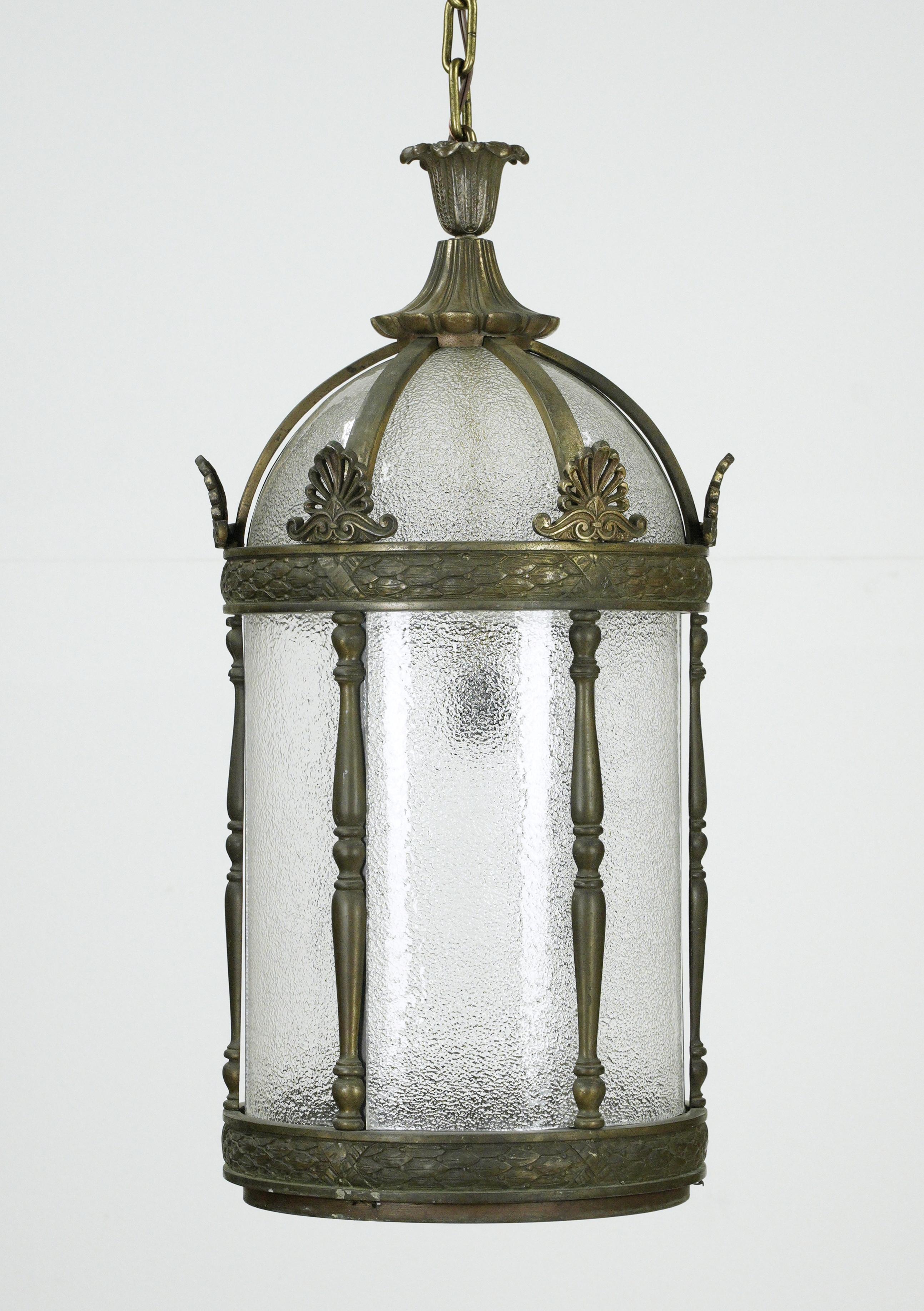 American Bronze & Textured Glass Cylindrical Hanging Lantern For Sale