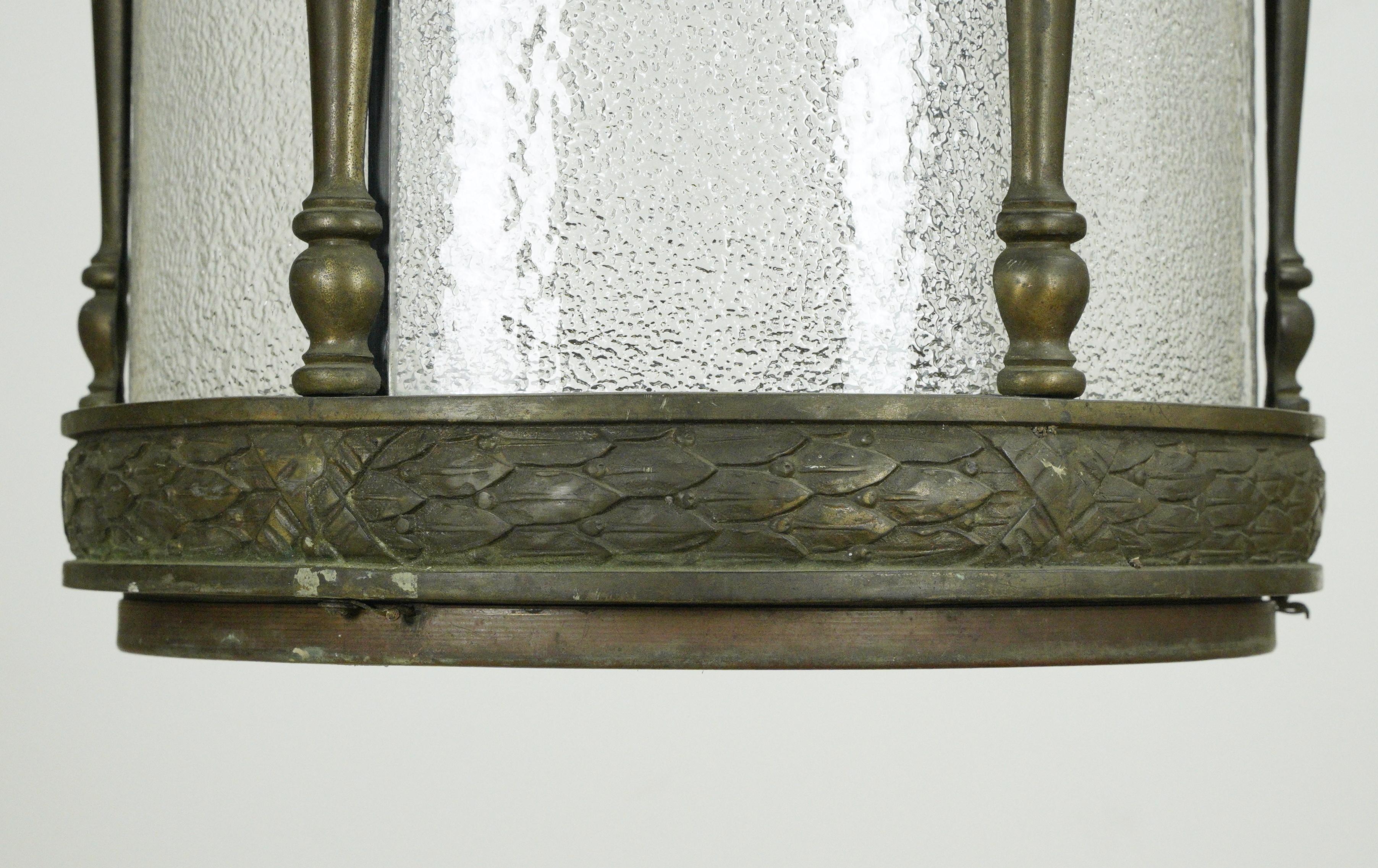 Bronze & Textured Glass Cylindrical Hanging Lantern For Sale 2