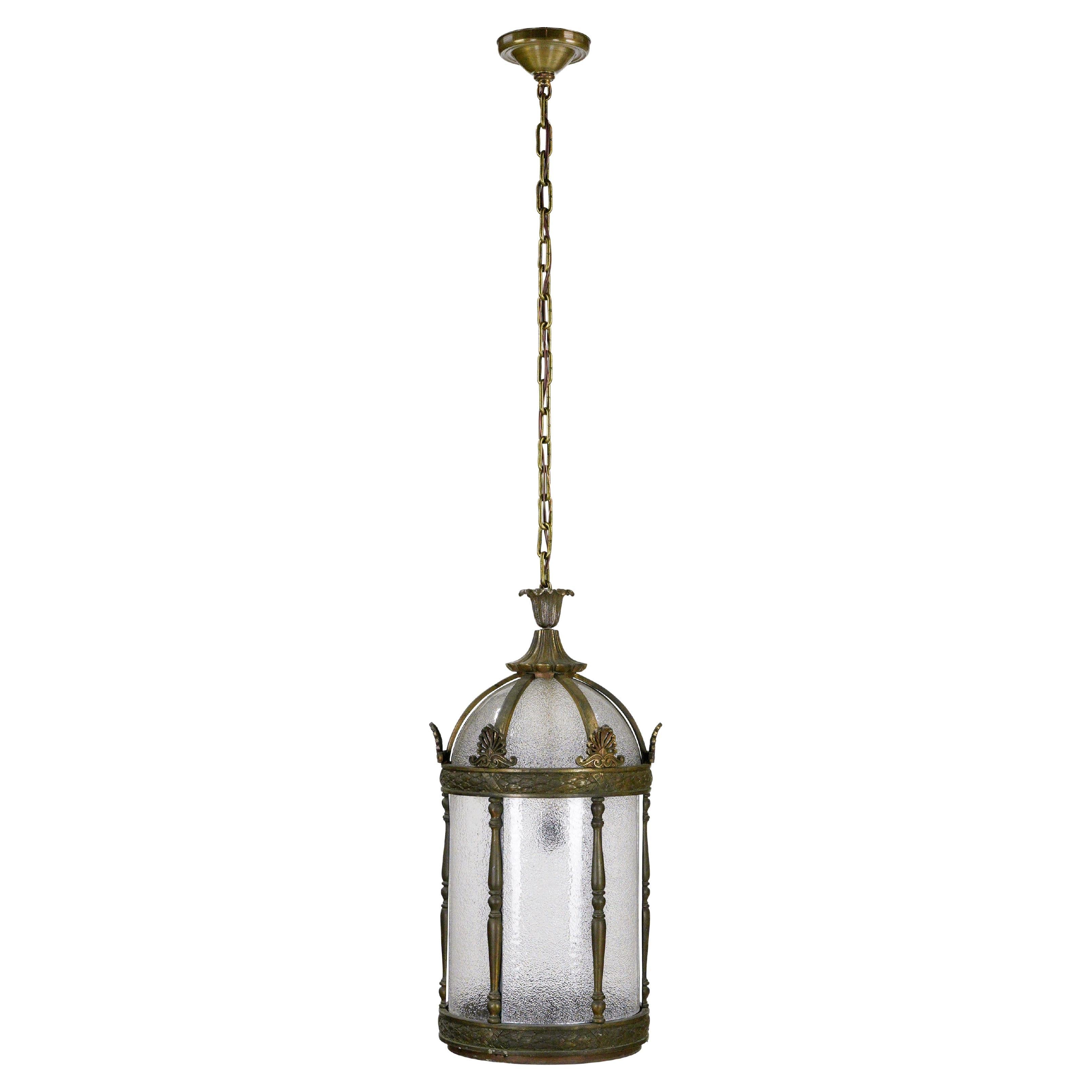 Bronze & Textured Glass Cylindrical Hanging Lantern For Sale