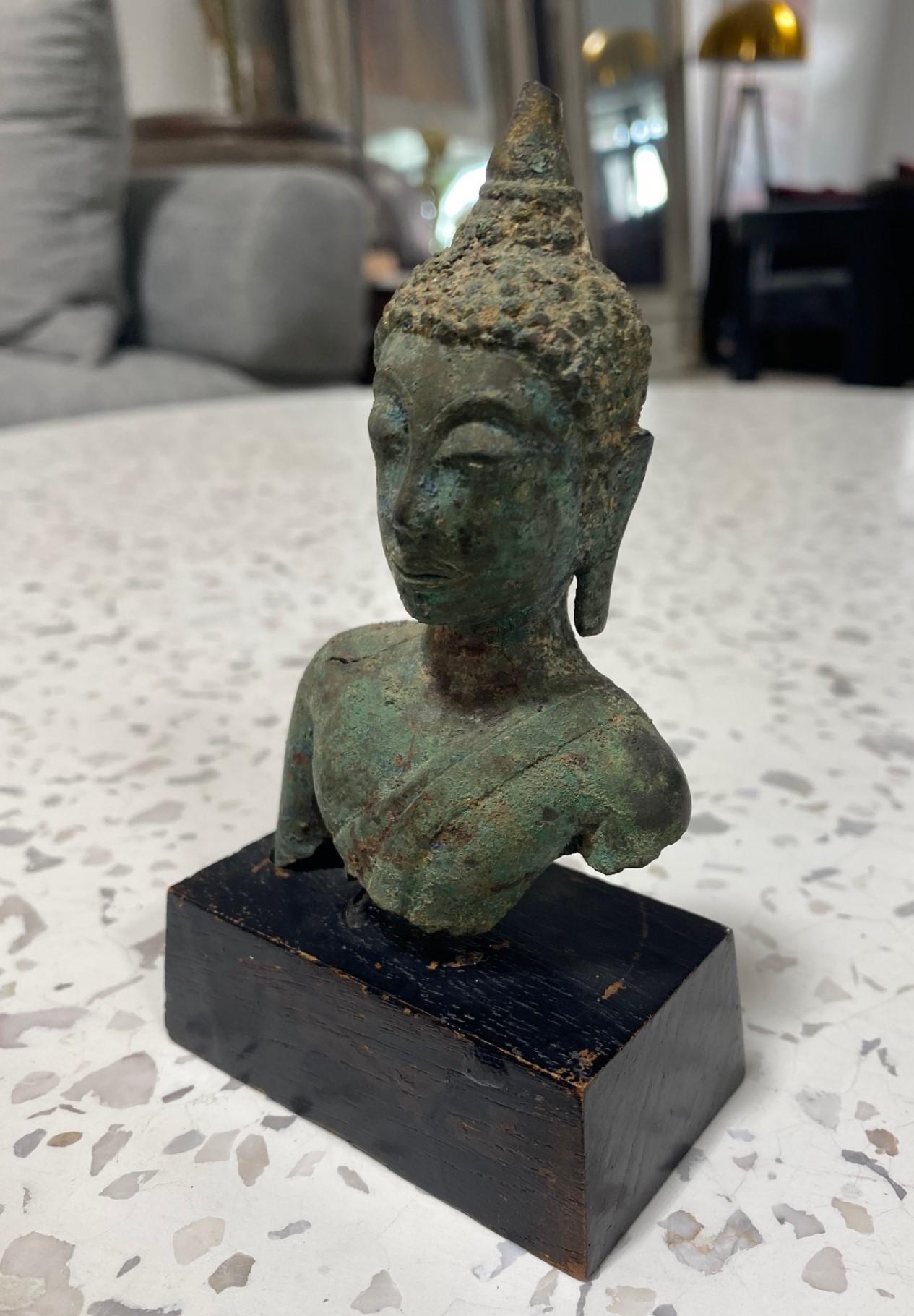 Bronze Thai Siam Asian Temple Shrine Buddha Head Bust Fragment 18th-19th Century For Sale 7