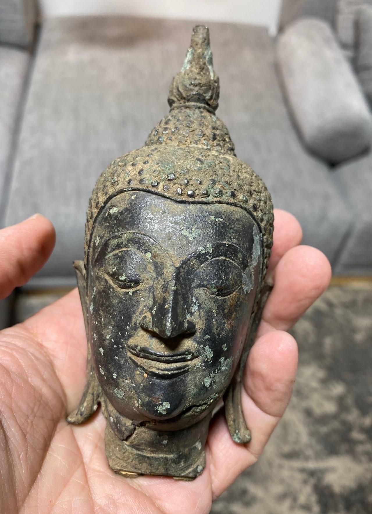 Bronze Thai Siam Asian Temple Shrine Buddha Head Bust Fragment 18th-19th Century For Sale 10