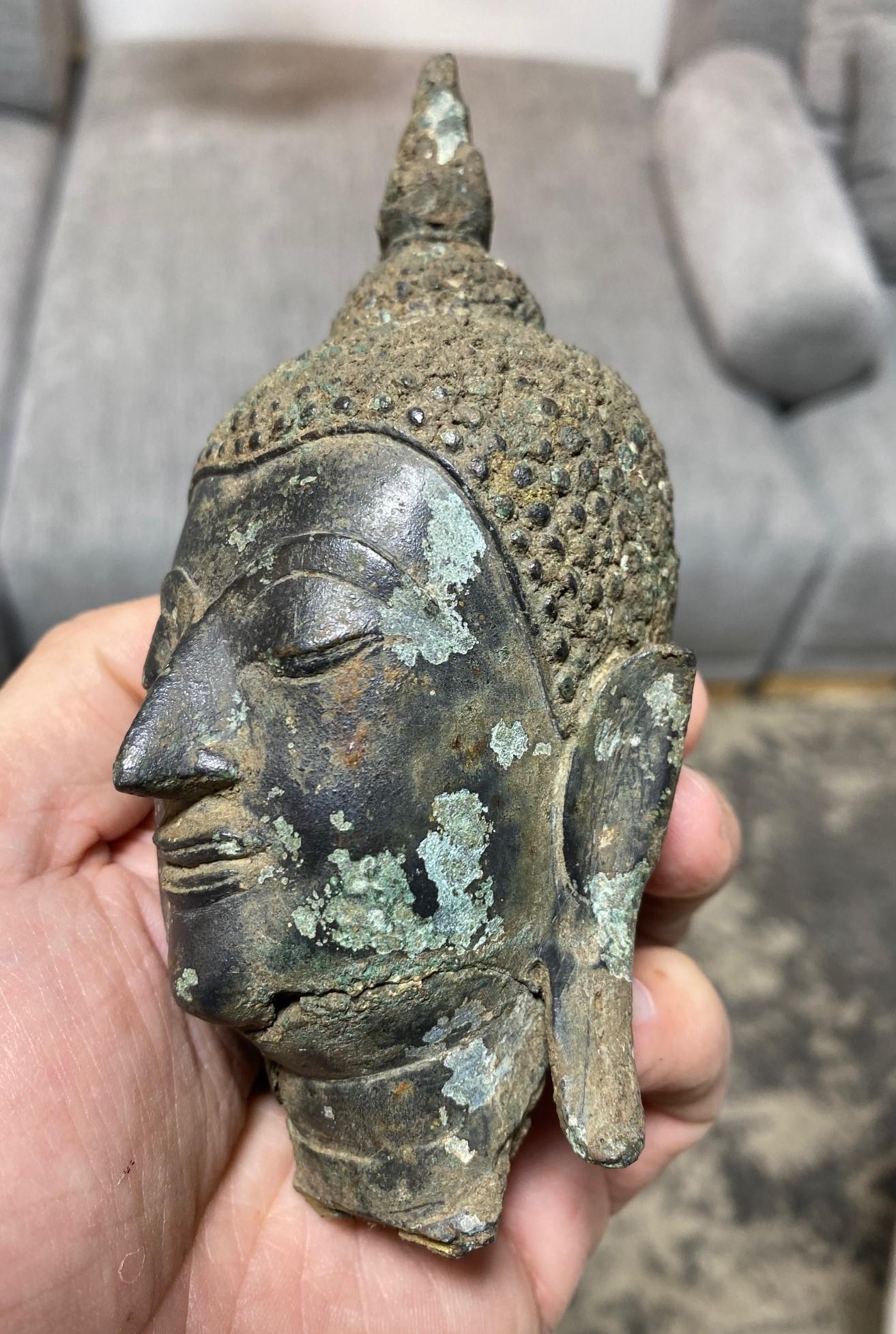 Bronze Thai Siam Asian Temple Shrine Buddha Head Bust Fragment 18th-19th Century For Sale 11