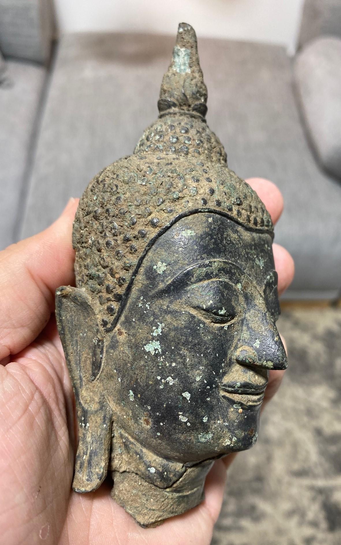Bronze Thai Siam Asian Temple Shrine Buddha Head Bust Fragment 18th-19th Century For Sale 12