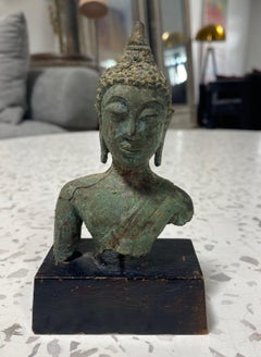Bronze Thai Siam Asian Temple Shrine Buddha Head Bust Fragment 18th-19th Century