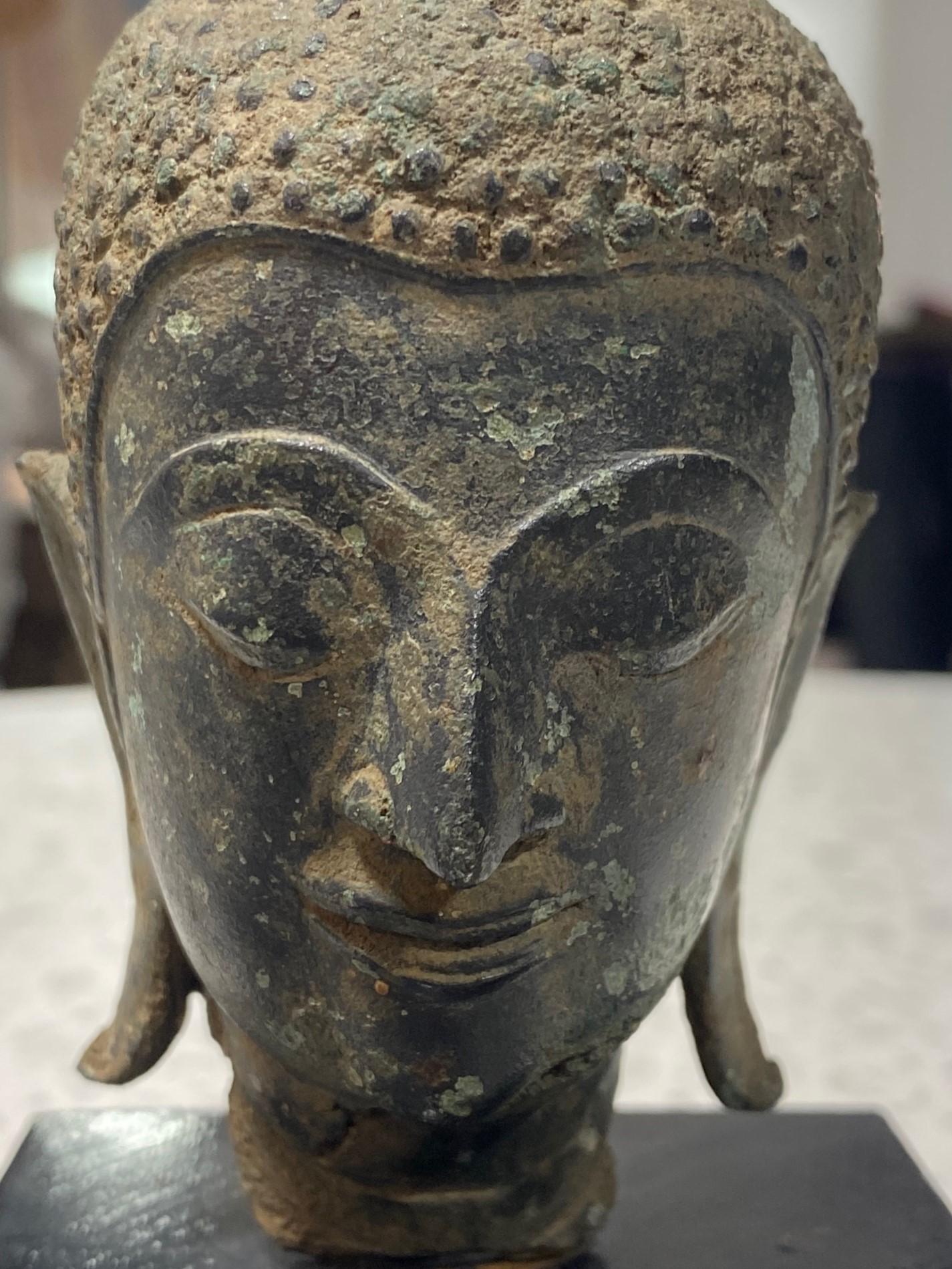 18th Century and Earlier Bronze Thai Siam Asian Temple Shrine Buddha Head Bust Fragment 18th-19th Century For Sale