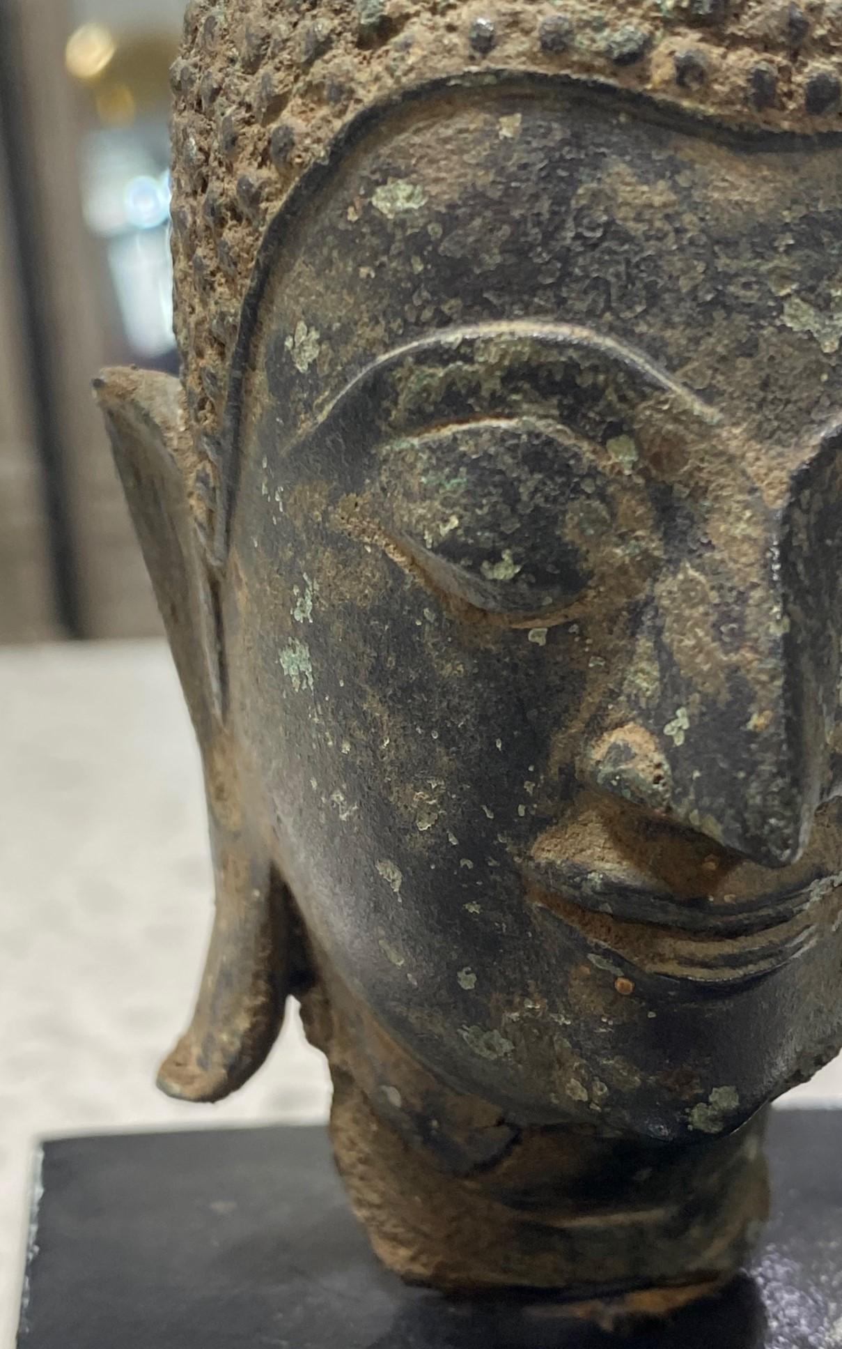 Bronze Thai Siam Asian Temple Shrine Buddha Head Bust Fragment 18th-19th Century For Sale 2
