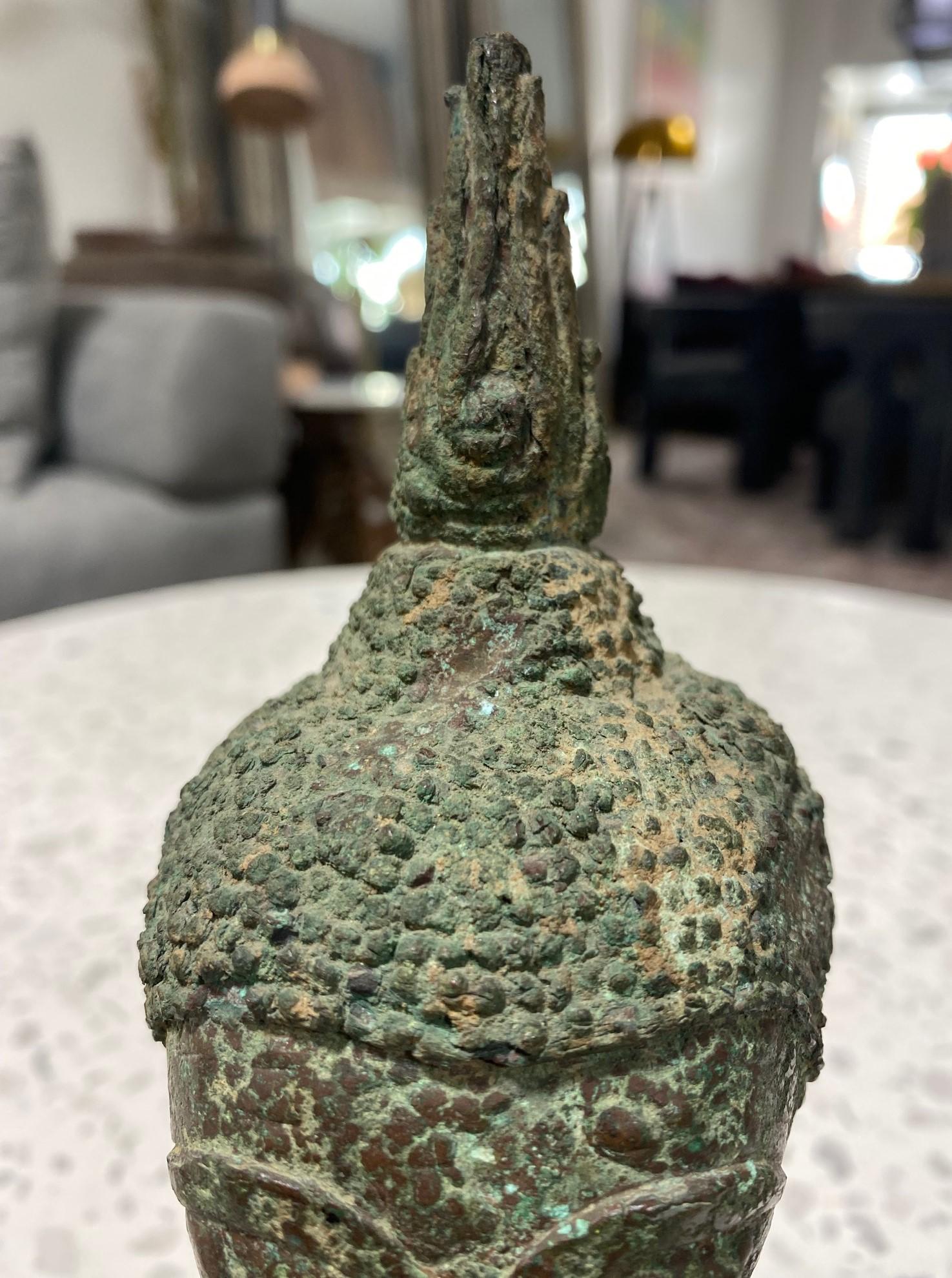 Bronze Thai Siam Asian Temple Shrine Buddha Head Bust Fragment 18th-19th Century For Sale 3