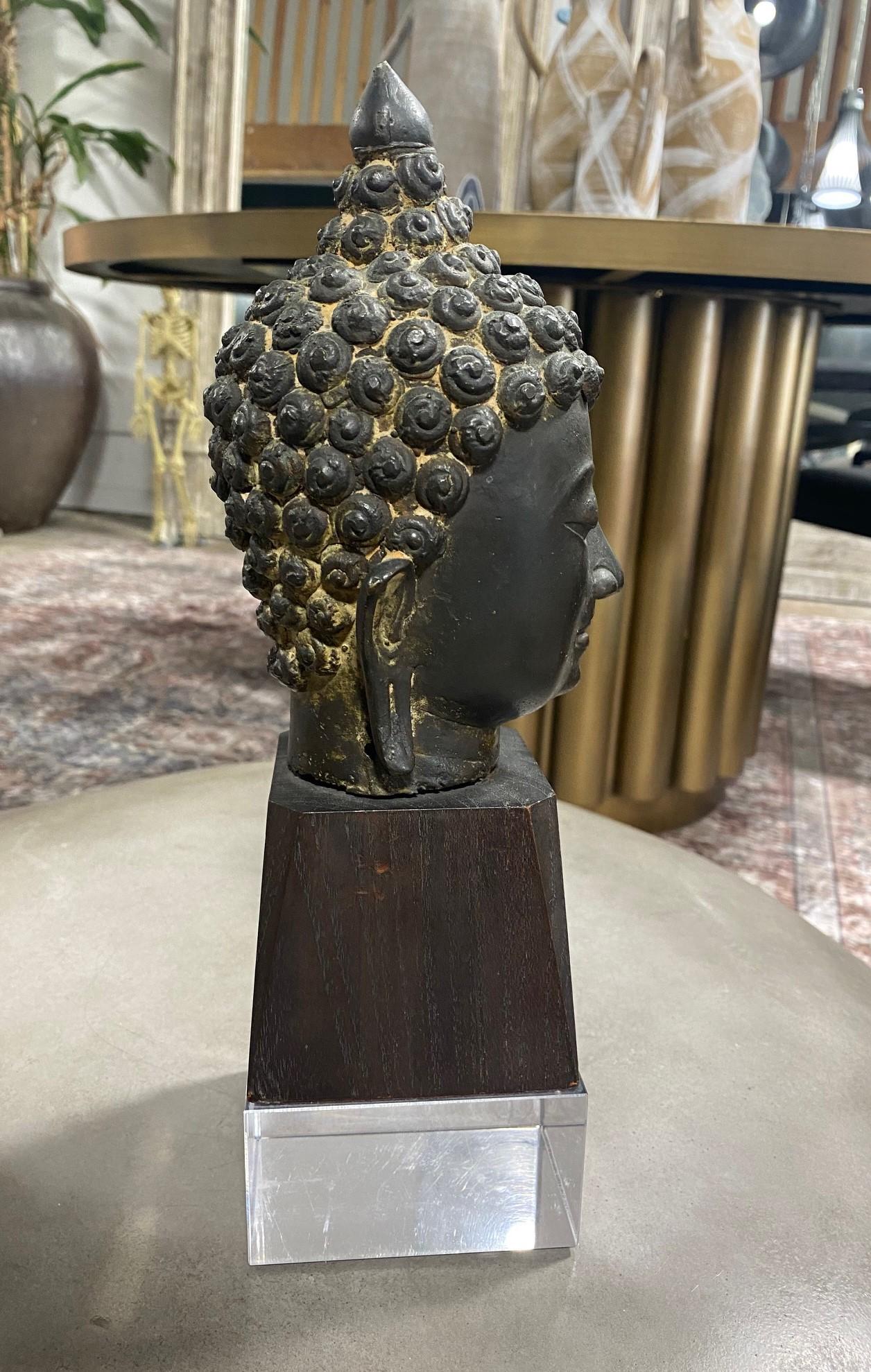 Bronze Thai Siam Asian Temple Shrine Buddha Head Bust Fragment Custom Wood Stand For Sale 3