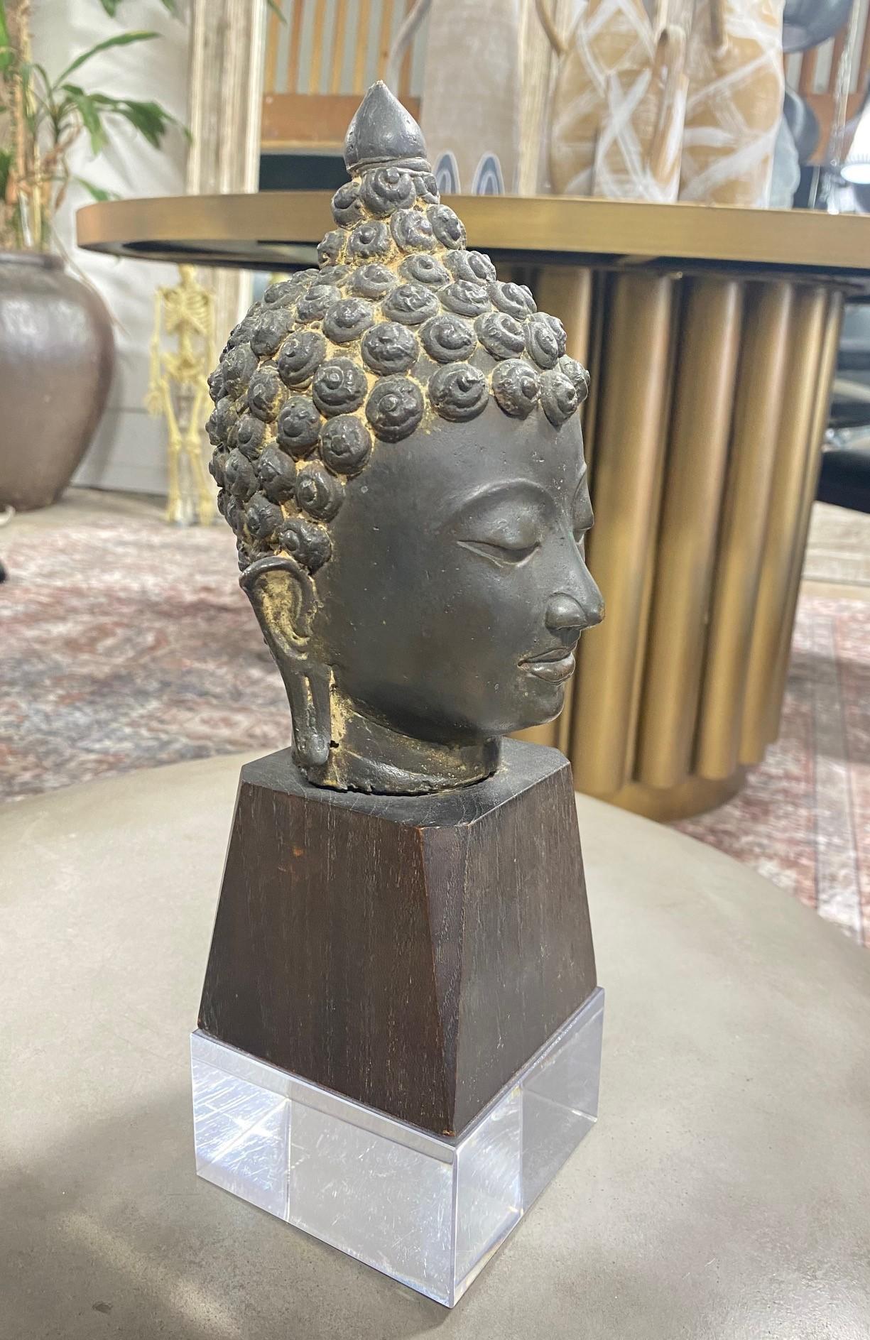 Bronze Thai Siam Asian Temple Shrine Buddha Head Bust Fragment Custom Wood Stand For Sale 4