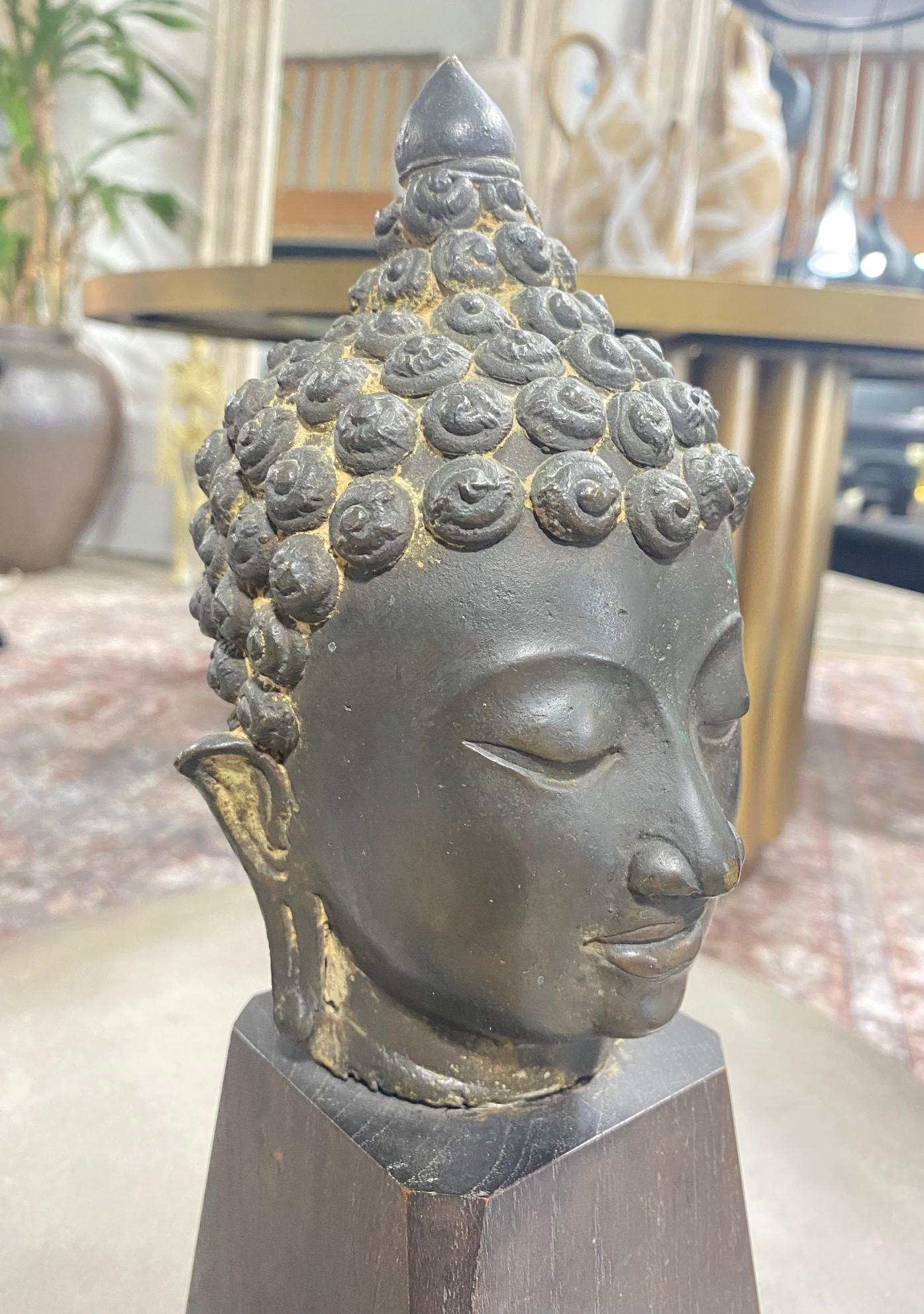 Bronze Thai Siam Asian Temple Shrine Buddha Head Bust Fragment Custom Wood Stand For Sale 5