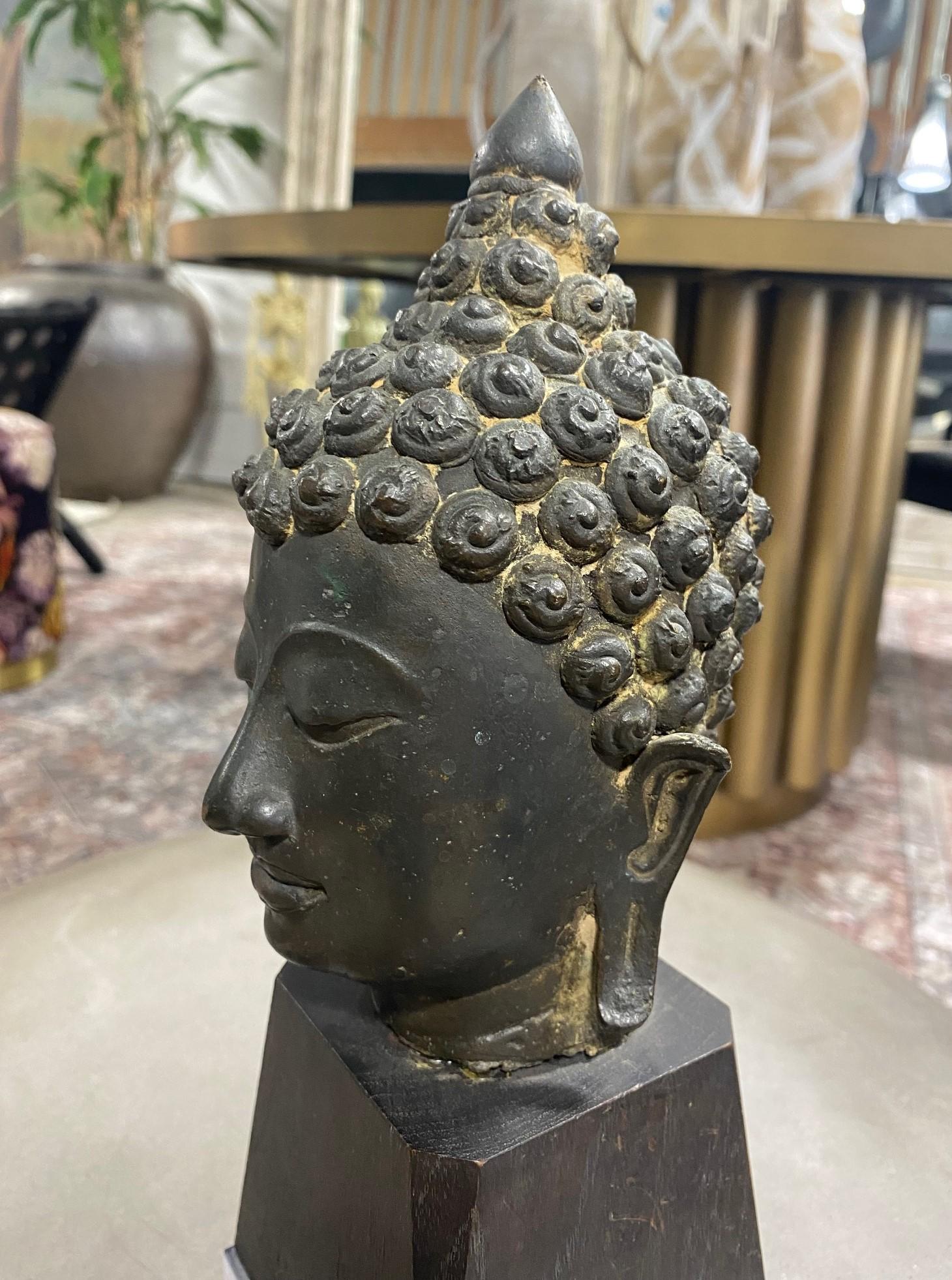 Bronze Thai Siam Asian Temple Shrine Buddha Head Bust Fragment Custom Wood Stand For Sale 6