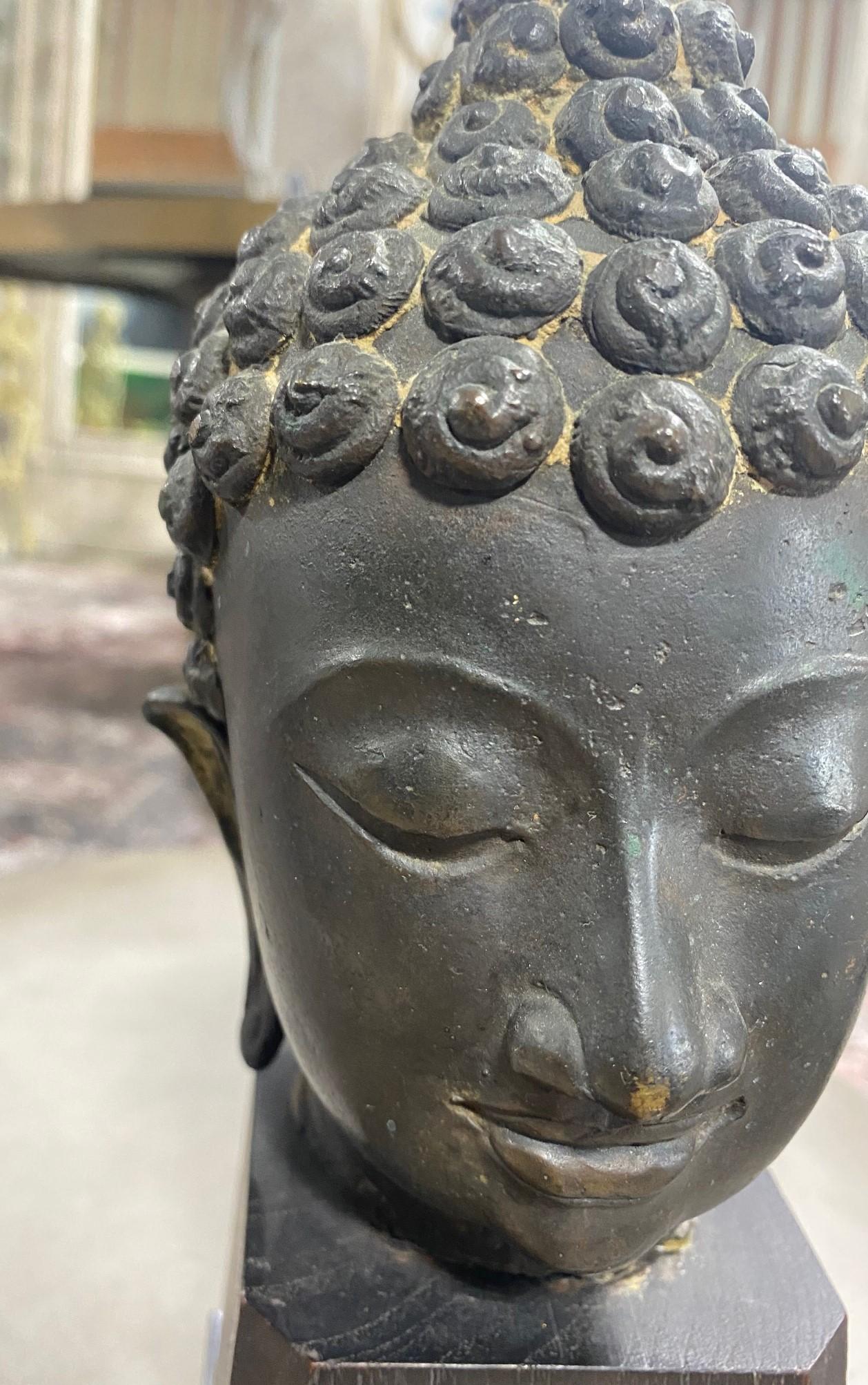 Bronze Thai Siam Asian Temple Shrine Buddha Head Bust Fragment Custom Wood Stand For Sale 7