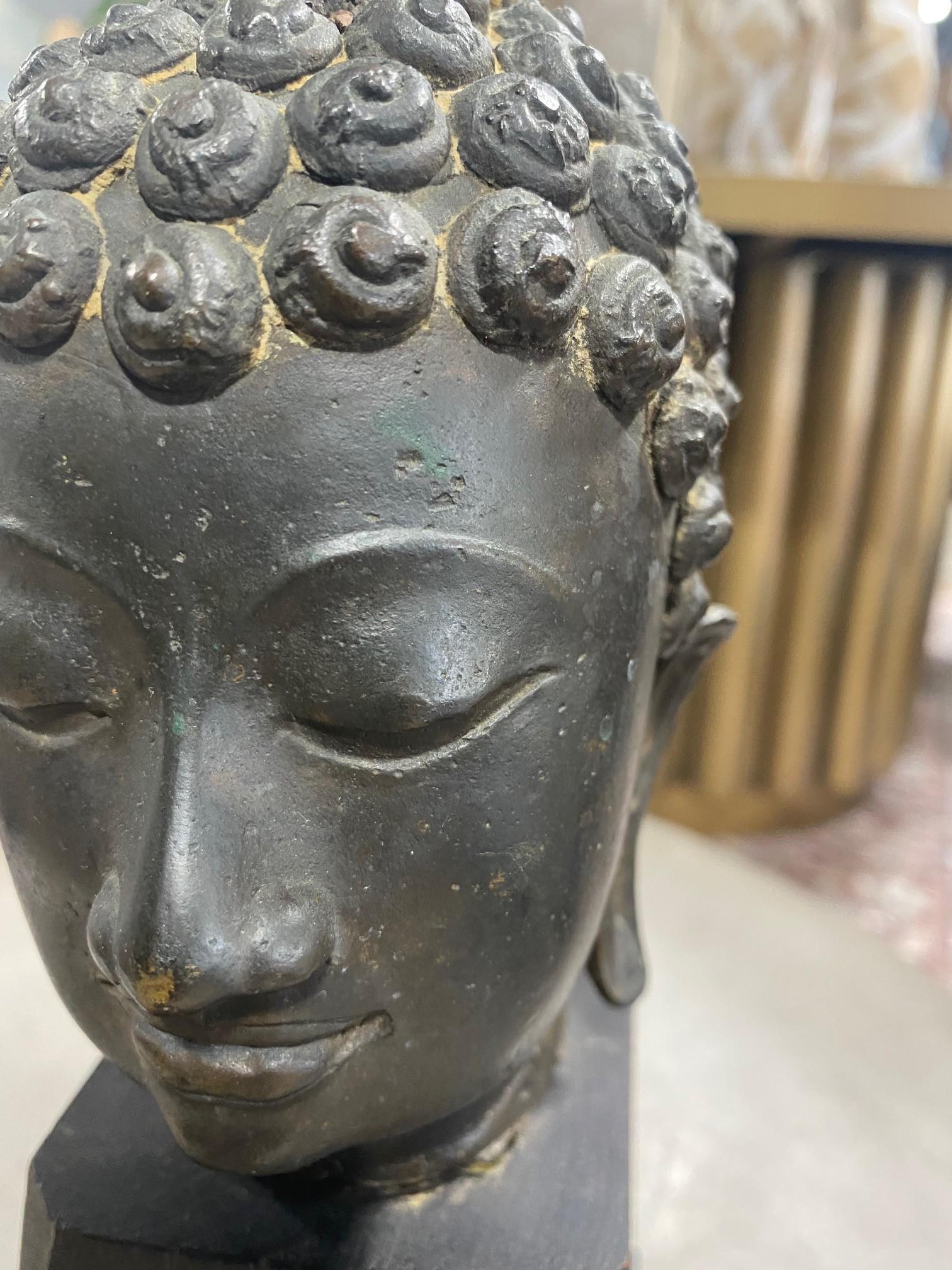 Bronze Thai Siam Asian Temple Shrine Buddha Head Bust Fragment Custom Wood Stand For Sale 8