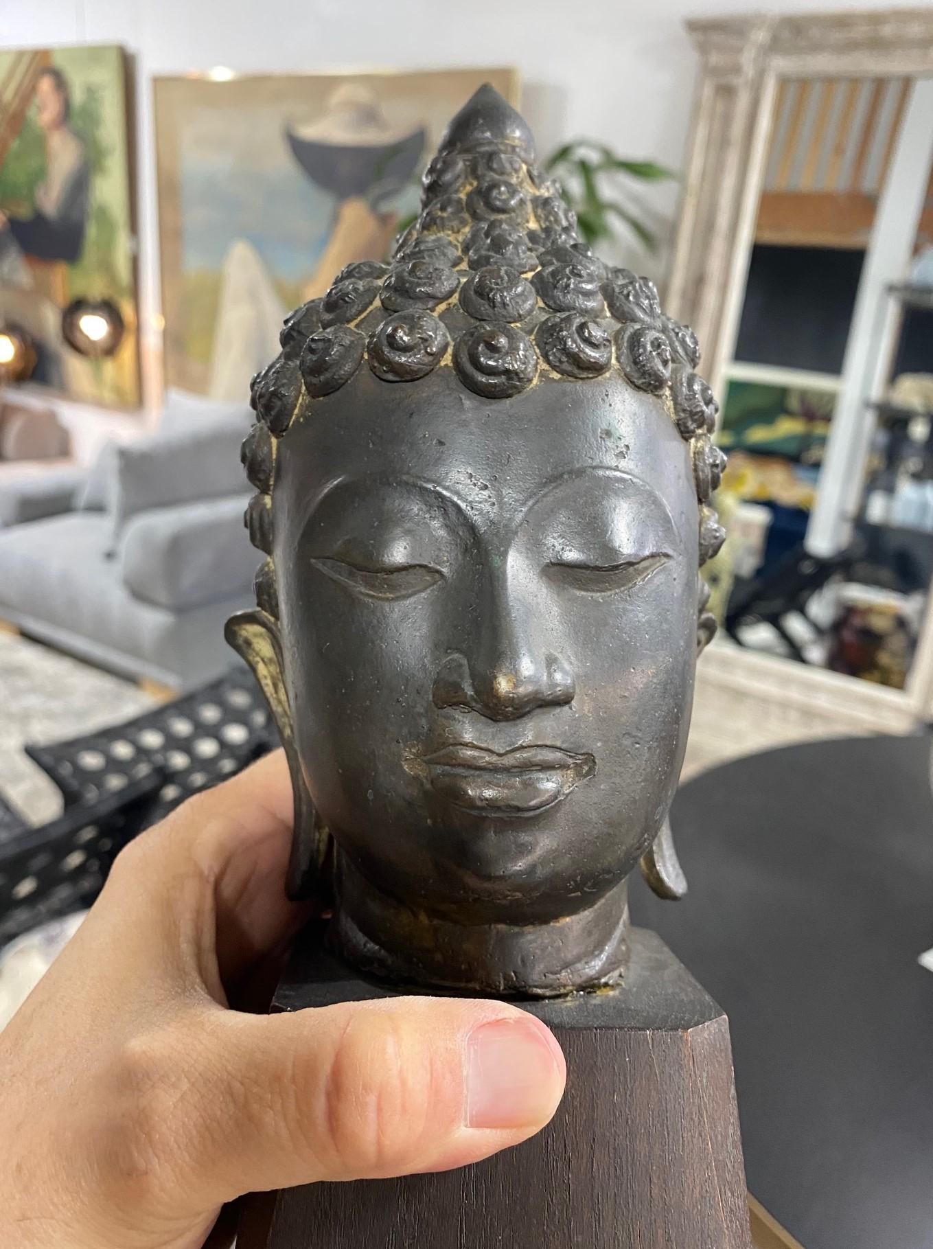 Bronze Thai Siam Asian Temple Shrine Buddha Head Bust Fragment Custom Wood Stand For Sale 10