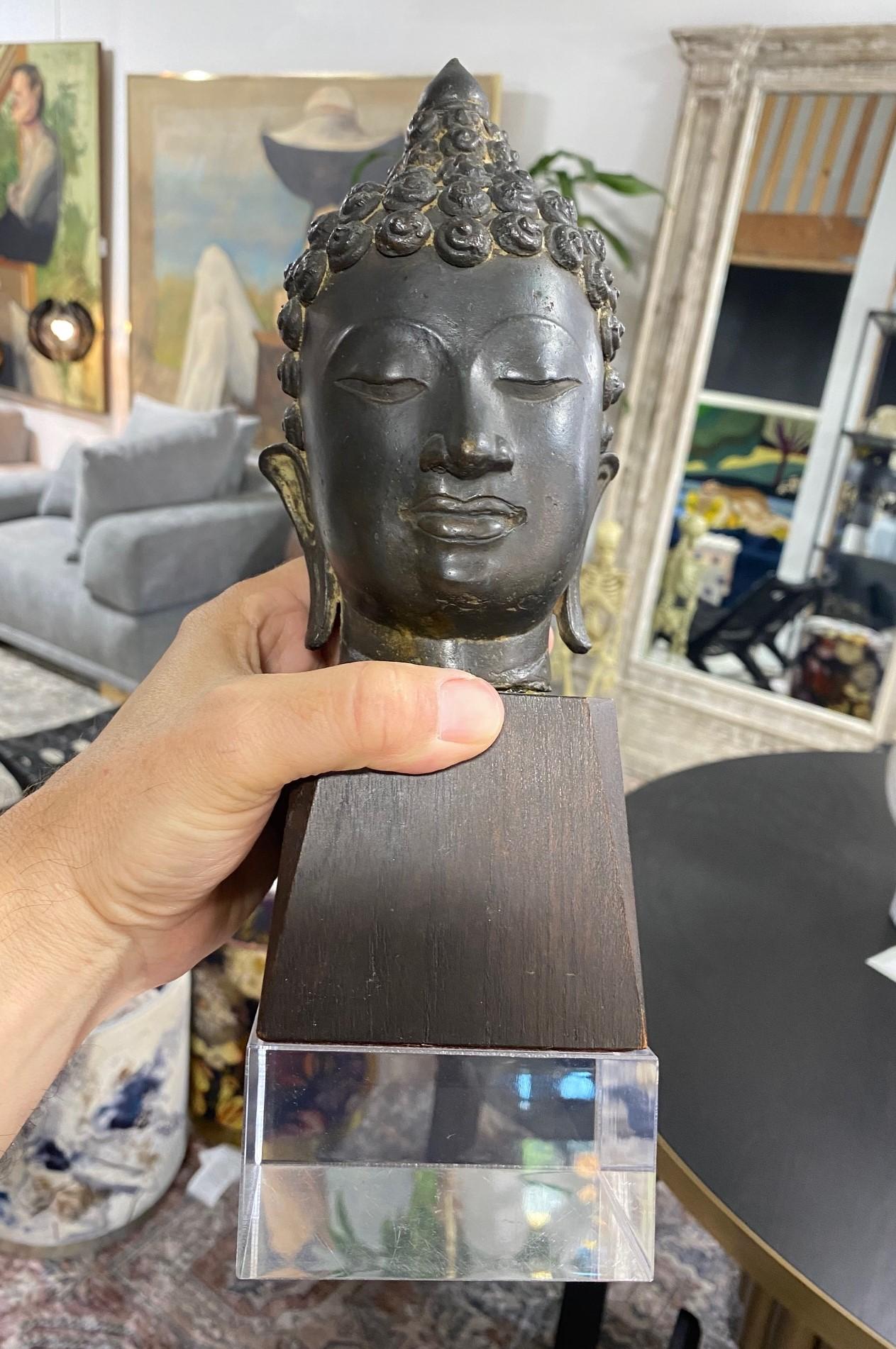 Bronze Thai Siam Asian Temple Shrine Buddha Head Bust Fragment Custom Wood Stand For Sale 11