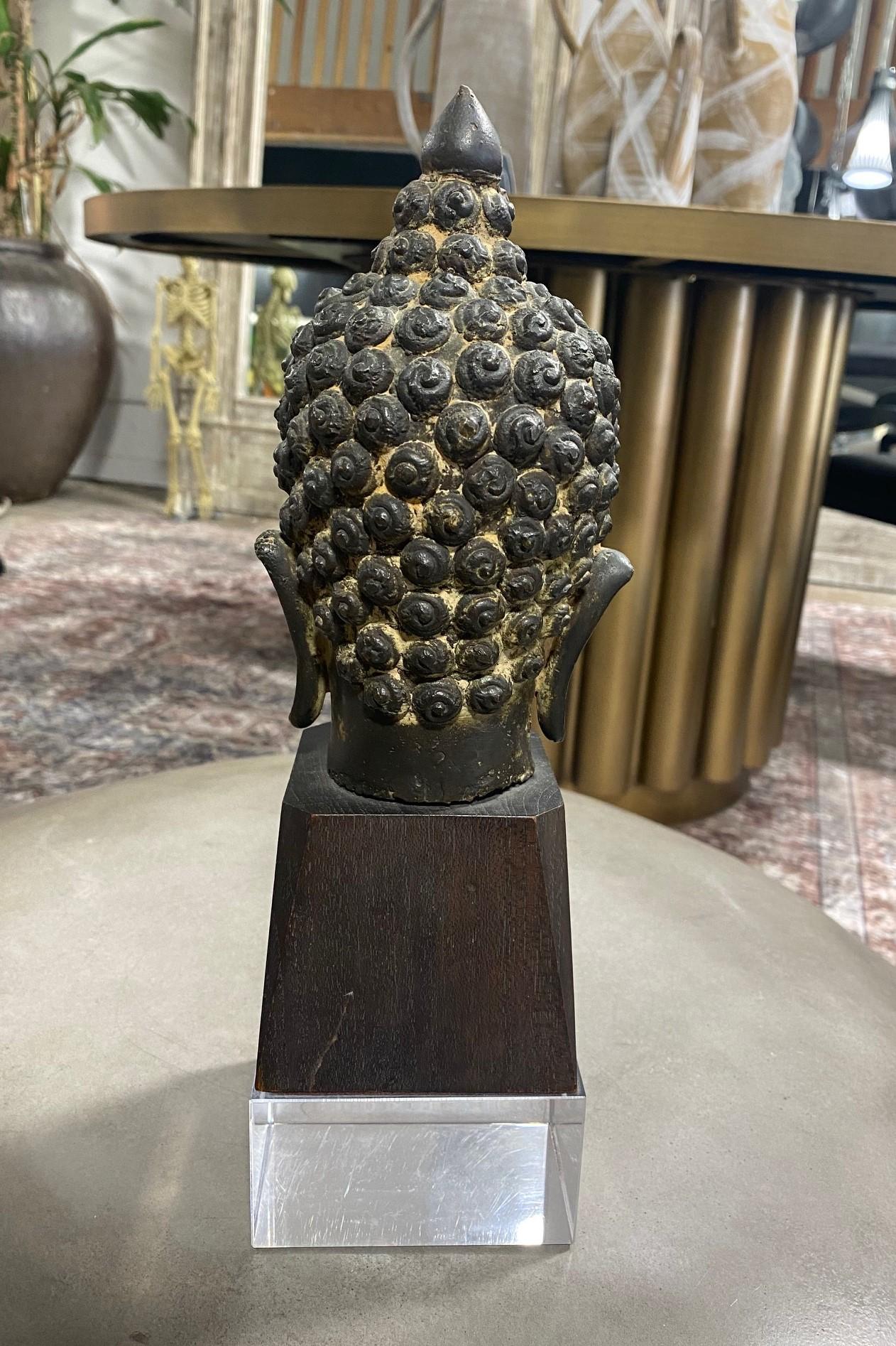 19th Century Bronze Thai Siam Asian Temple Shrine Buddha Head Bust Fragment Custom Wood Stand For Sale