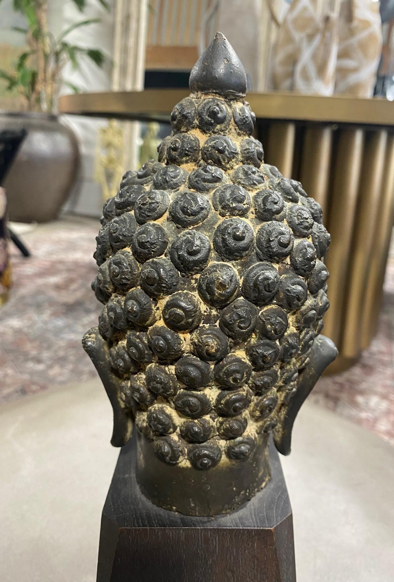 Bronze Thai Siam Asian Temple Shrine Buddha Head Bust Fragment Custom Wood Stand For Sale 1