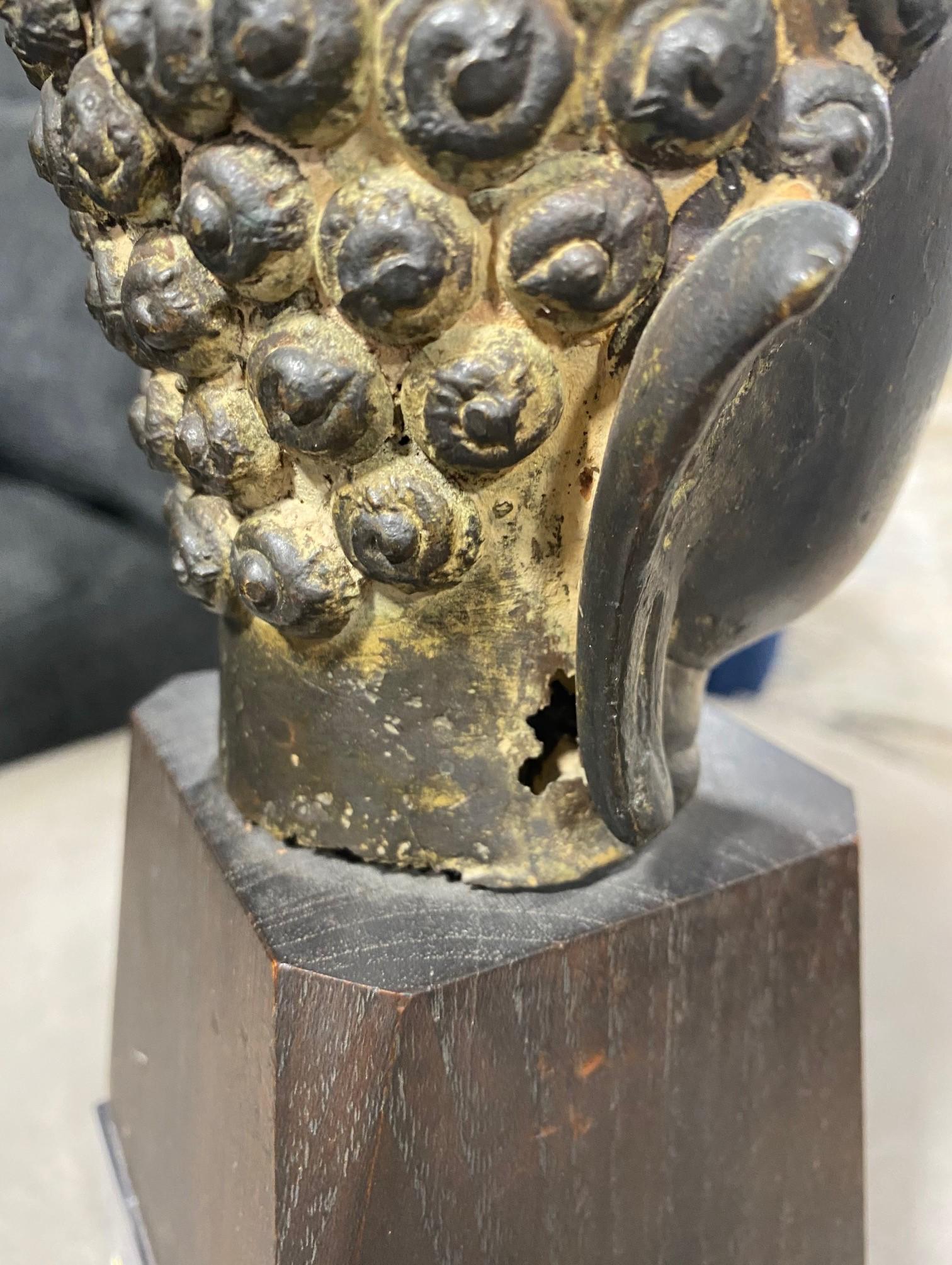 Bronze Thai Siam Asian Temple Shrine Buddha Head Bust Fragment Custom Wood Stand For Sale 2