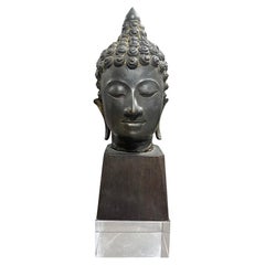 Bronzo Thai Siam Asian Temple Shrine Buddha Head Bust Fragment Custom Wood Stand