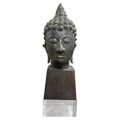 Bronze Thai Siam Asian Temple Shrine Buddha Head Bust Fragment Custom Wood Stand