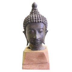 Tête de bouddha de temple en bronze thaïlandais siamois sur support en bois personnalisé