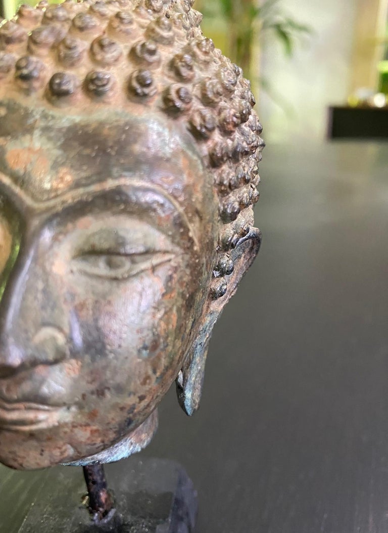 Bronze Thai Siam Asian Temple Shrine Buddha Head Sculpture on Wood Stand For Sale at 1stDibs
