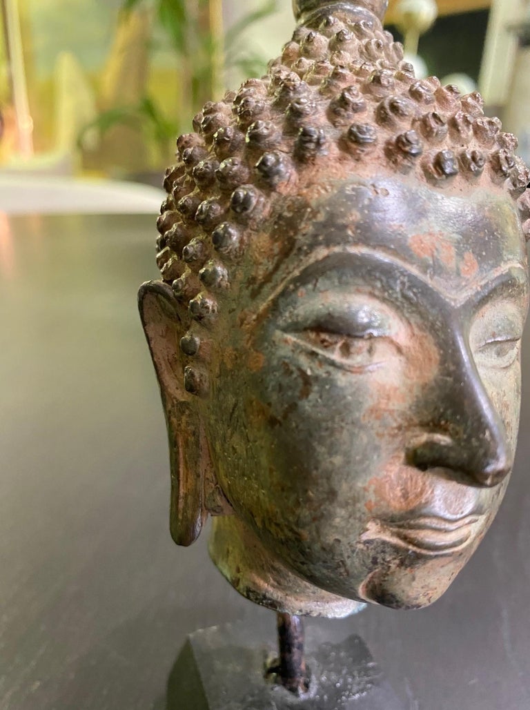 Bronze Thai Siam Asian Temple Shrine Buddha Head Sculpture on Wood Stand For Sale at 1stDibs