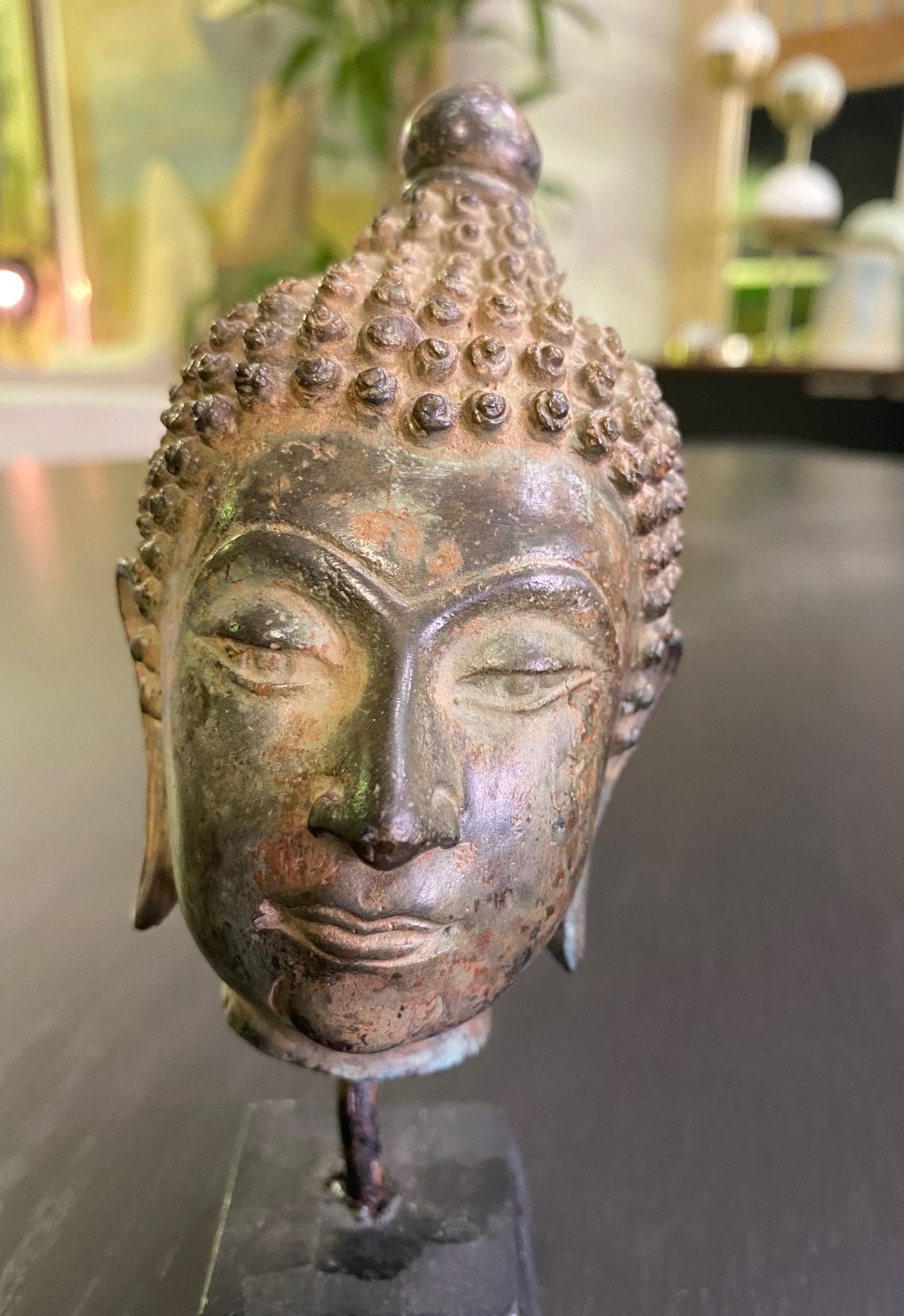 Escultura de Cabeza de Buda de Bronce Tailandesa Siam Templo Asiático Santuario sobre Soporte de Madera Tailandés