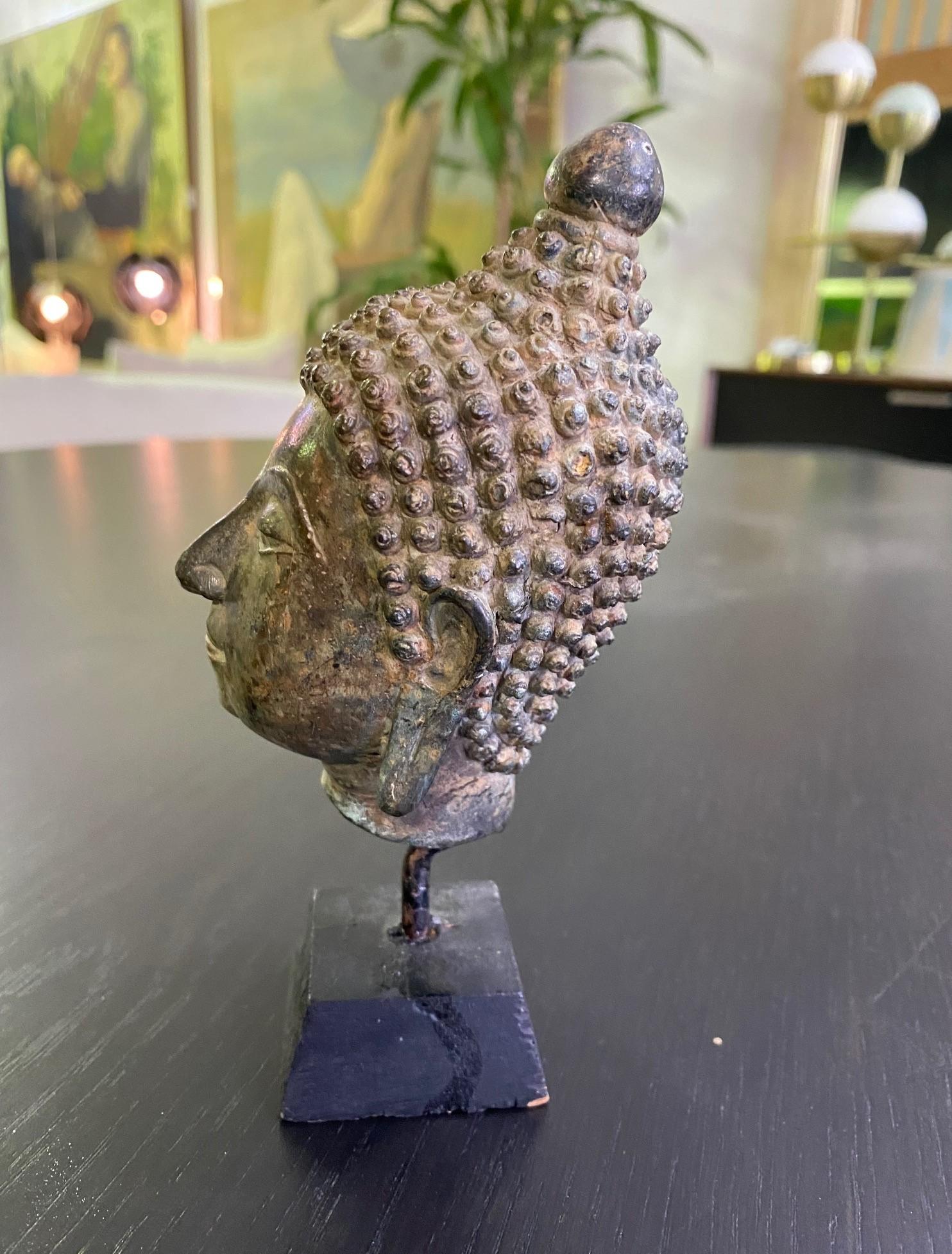 19th Century Bronze Thai Siam Asian Temple Shrine Buddha Head Sculpture on Wood Stand For Sale