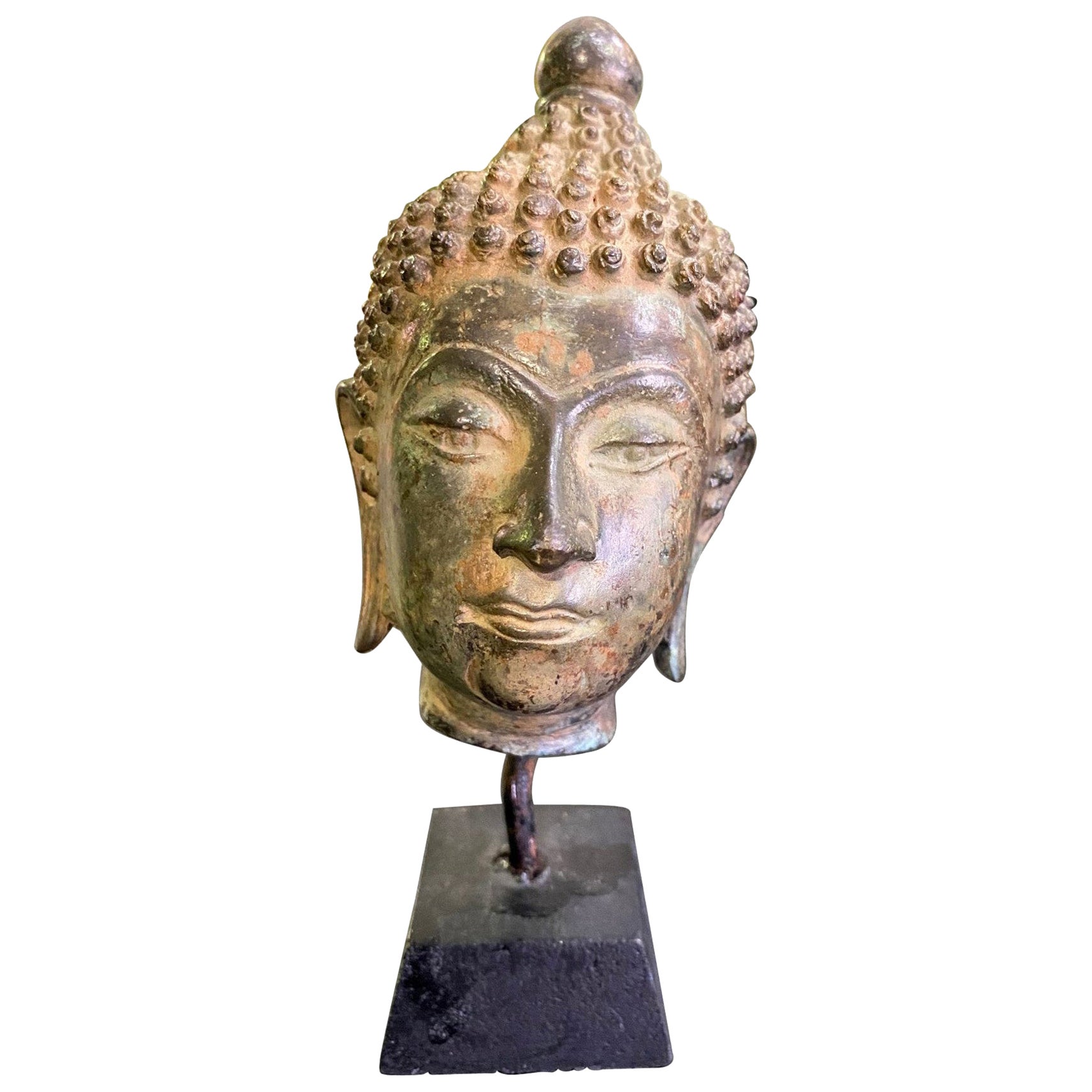 Bronze Thai Siam Asian Temple Shrine Buddha Head Sculpture on Wood Stand