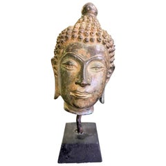 Bronze Thai Siam Asian Temple Shrine Buddha Head Sculpture on Wood Stand