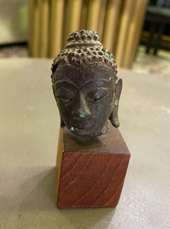 Bronze Thai Siam Temple Shrine Kamphaeng Phet Style Buddha Head on Wood Stand
