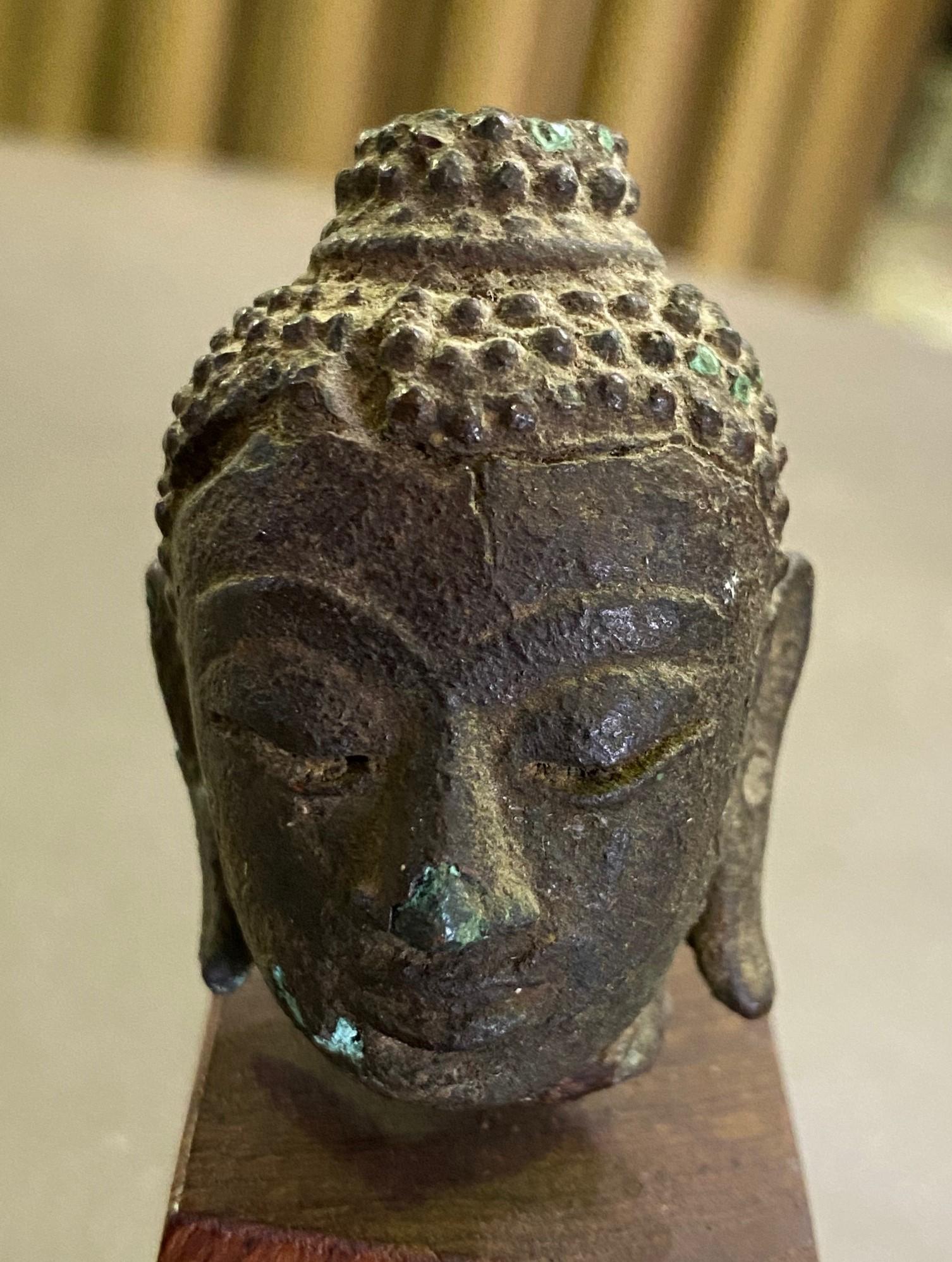Bronze Thai Siam Temple Shrine Kamphaeng Phet Style Buddha Head on Wood Stand In Good Condition For Sale In Studio City, CA