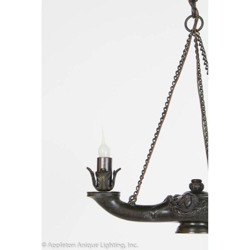 Classical Roman Bronze Three Arm Whale Oil Chandelier For Sale