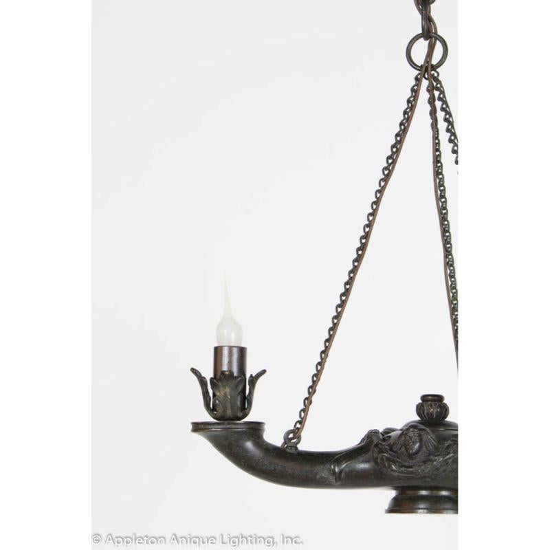 Neoclassical Revival Ealy 20th Century Bronze Three Arm Whale Oil Chandelier