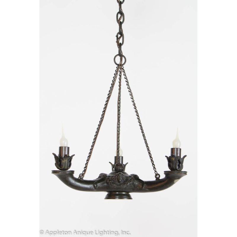 Ealy 20th Century Bronze Three Arm Whale Oil Chandelier In Excellent Condition In Canton, MA