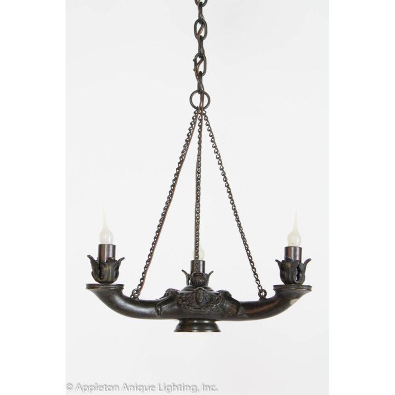 Bronze Three Arm Whale Oil Chandelier In Excellent Condition For Sale In Canton, MA