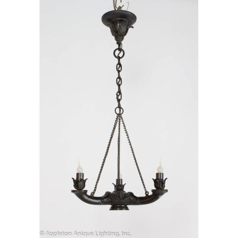 20th Century Bronze Three Arm Whale Oil Chandelier For Sale