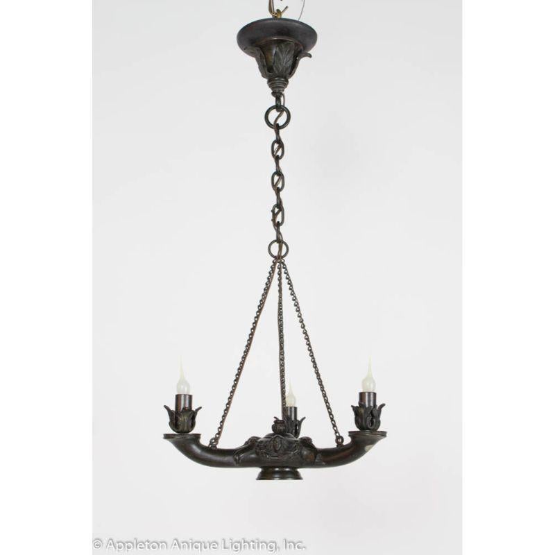 Bronze Three Arm Whale Oil Chandelier For Sale 1