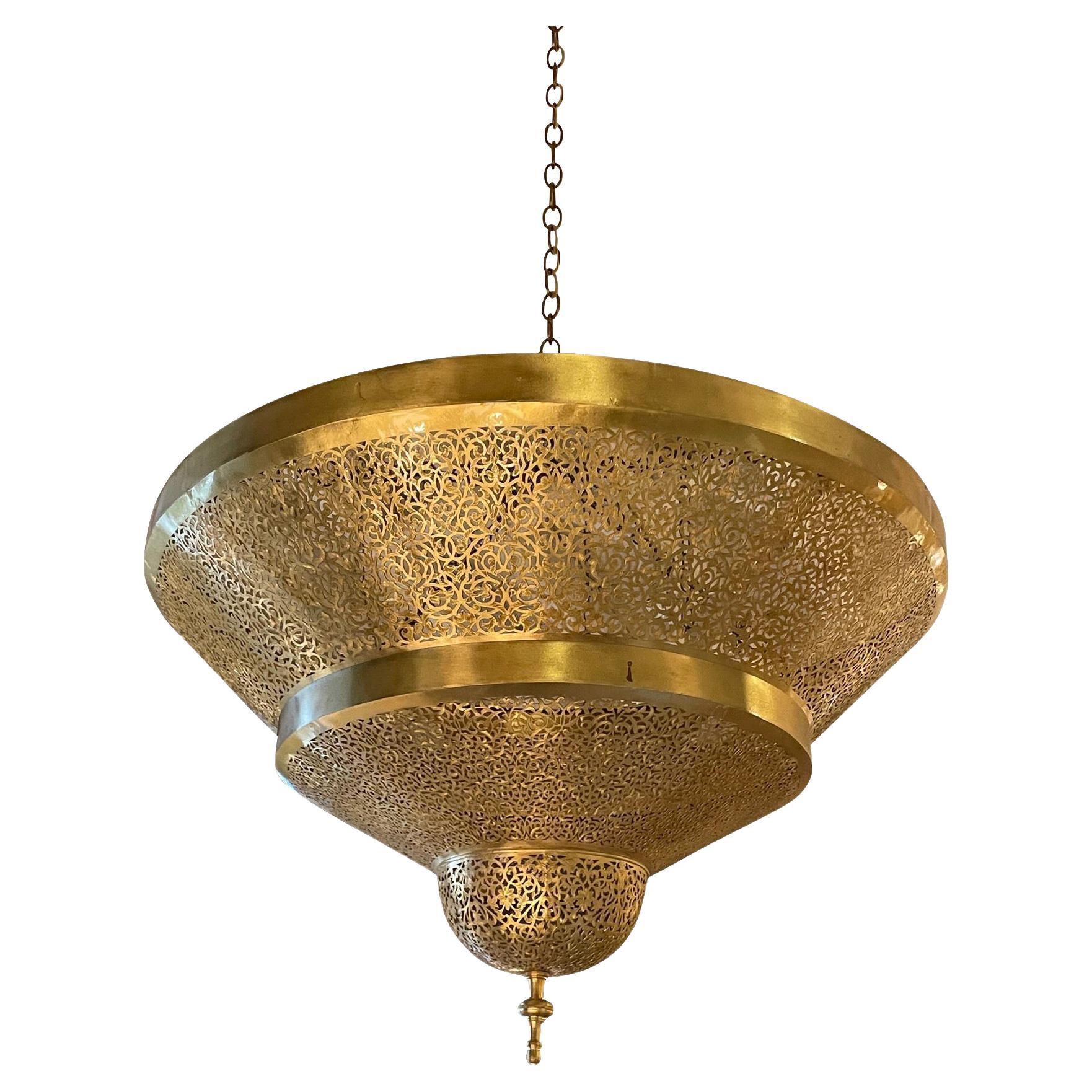Bronze Three Tiered Perforated Chandelier, Morocco, Contemporary