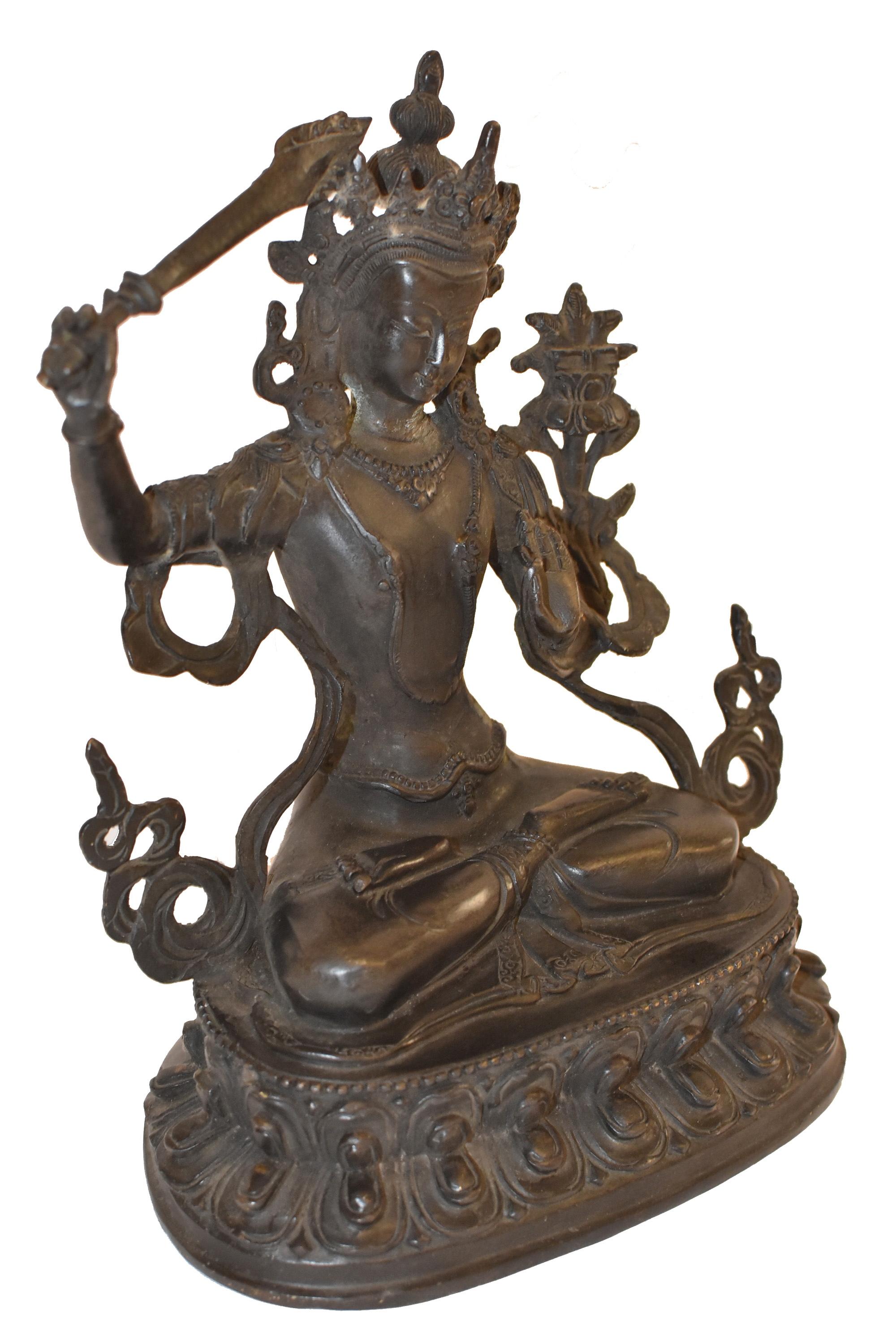 Tibetischer Buddha-Manjushree aus Bronze mit Schwert der Weisheit im Zustand „Gut“ im Angebot in Somis, CA