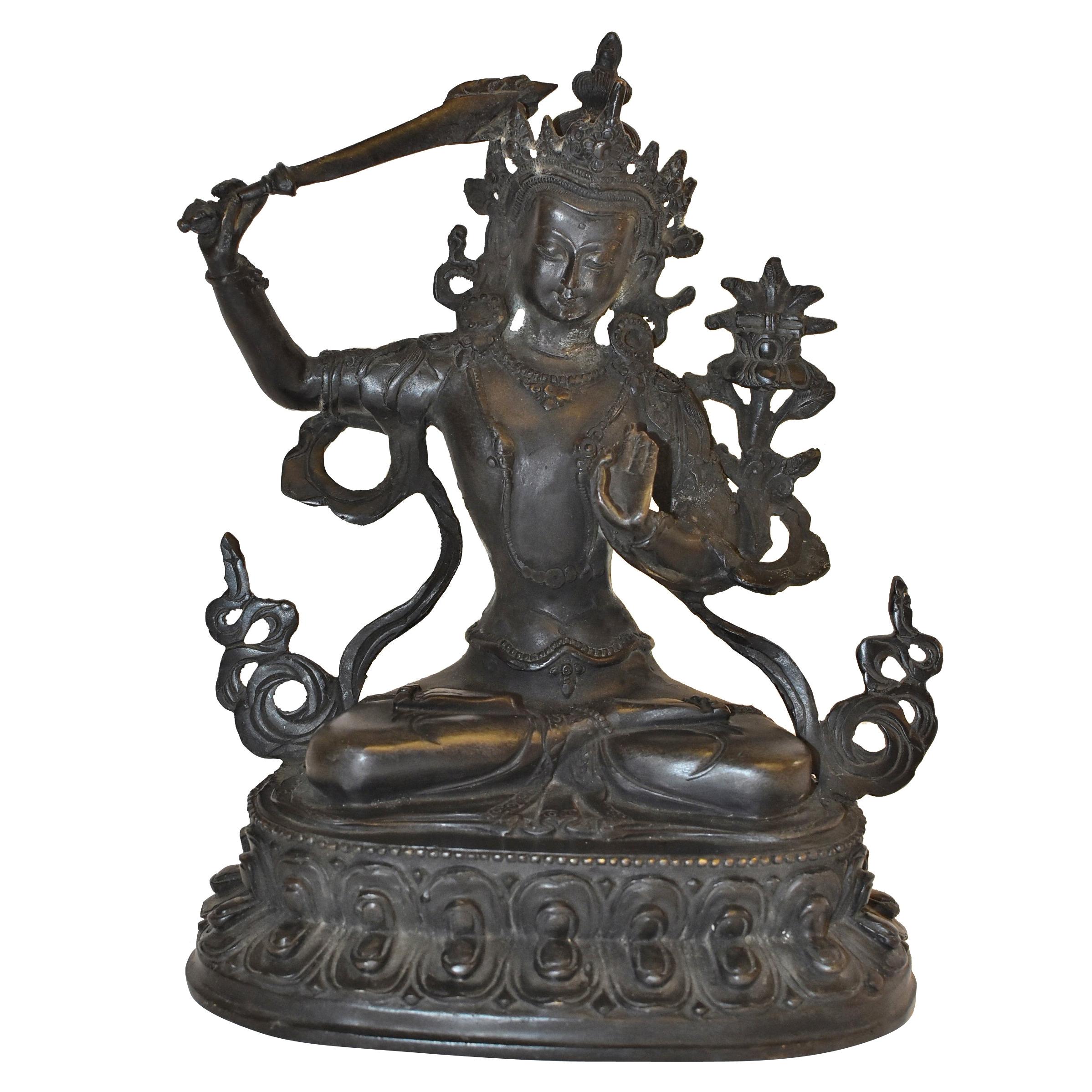 Bronze Tibetan Buddha Manjushree with Sword of Wisdom