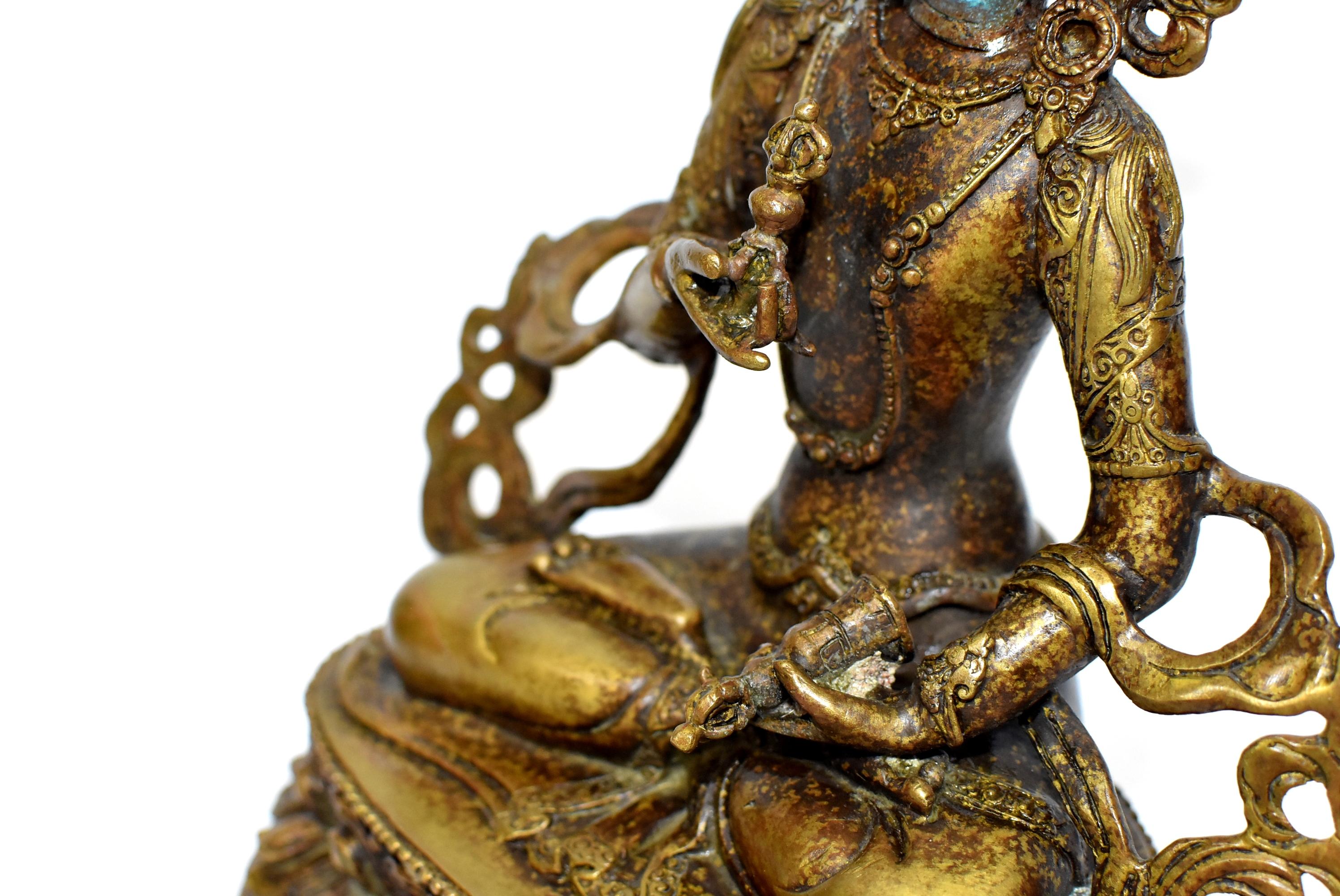 Bronze Tibetan Buddha Vajrassatva with Dorje and Bell, Mottled Gold  6