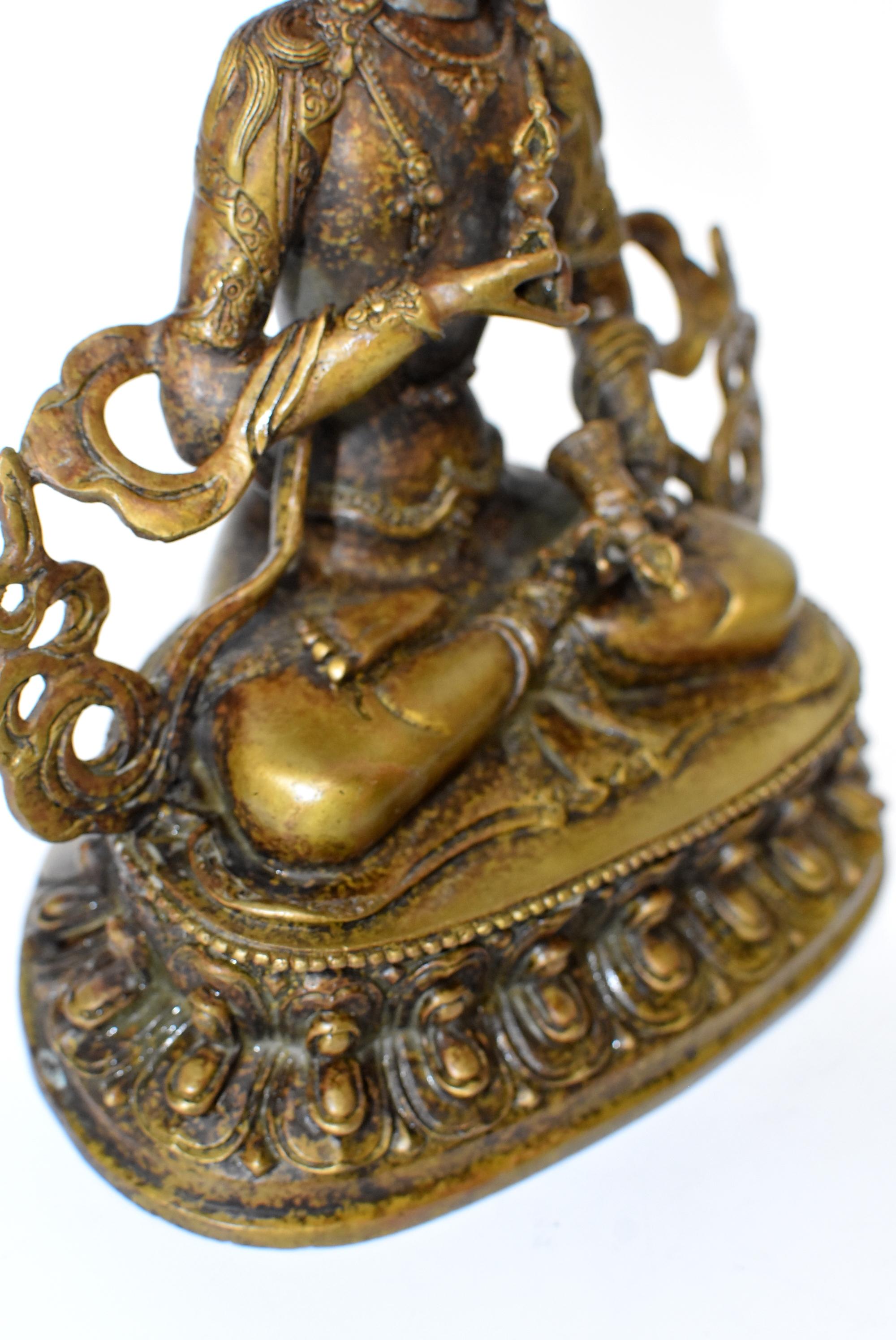 Bronze Tibetan Buddha Vajrassatva with Dorje and Bell, Mottled Gold  9