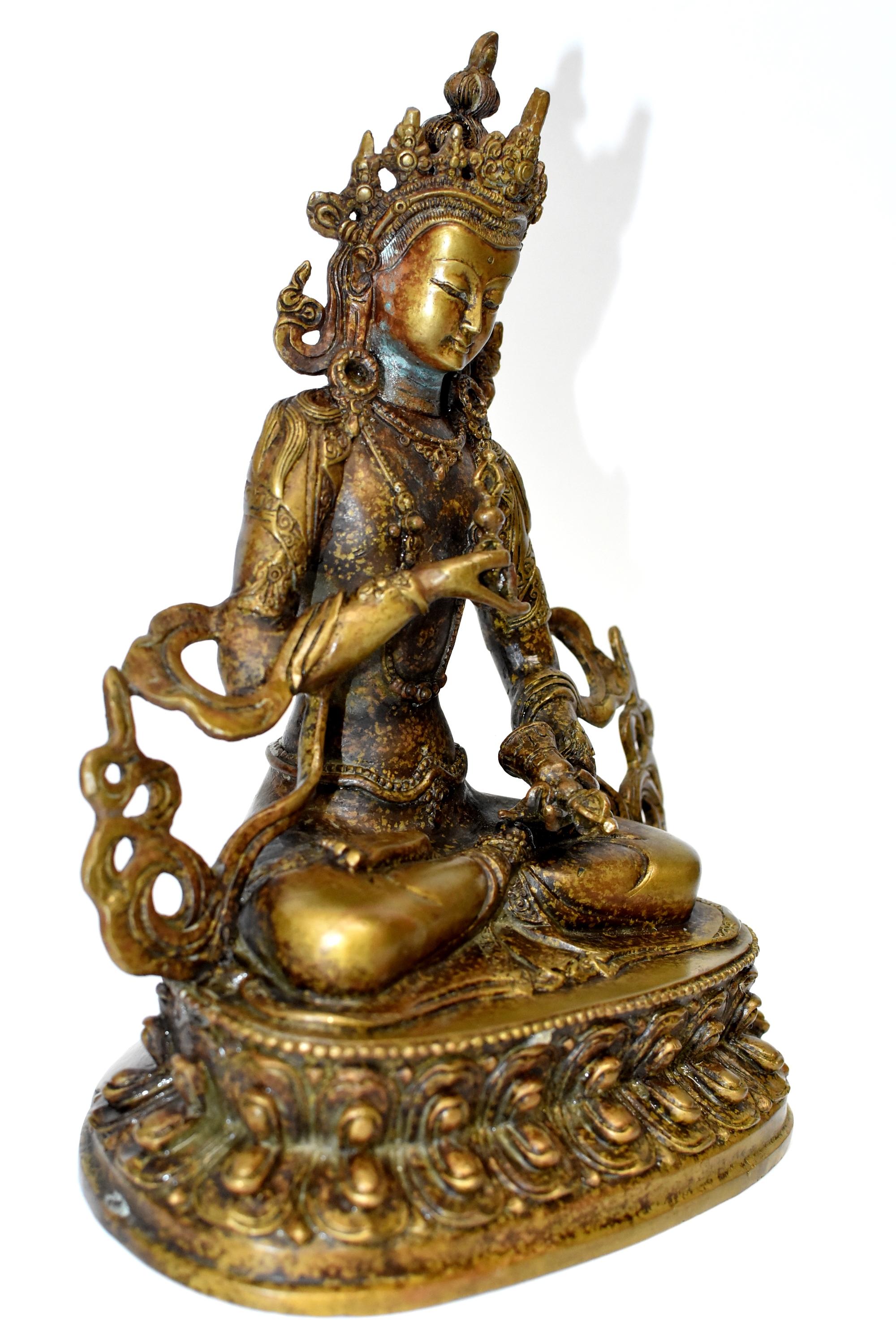 Bronze Tibetan Buddha Vajrassatva with Dorje and Bell, Mottled Gold  In Good Condition In Somis, CA
