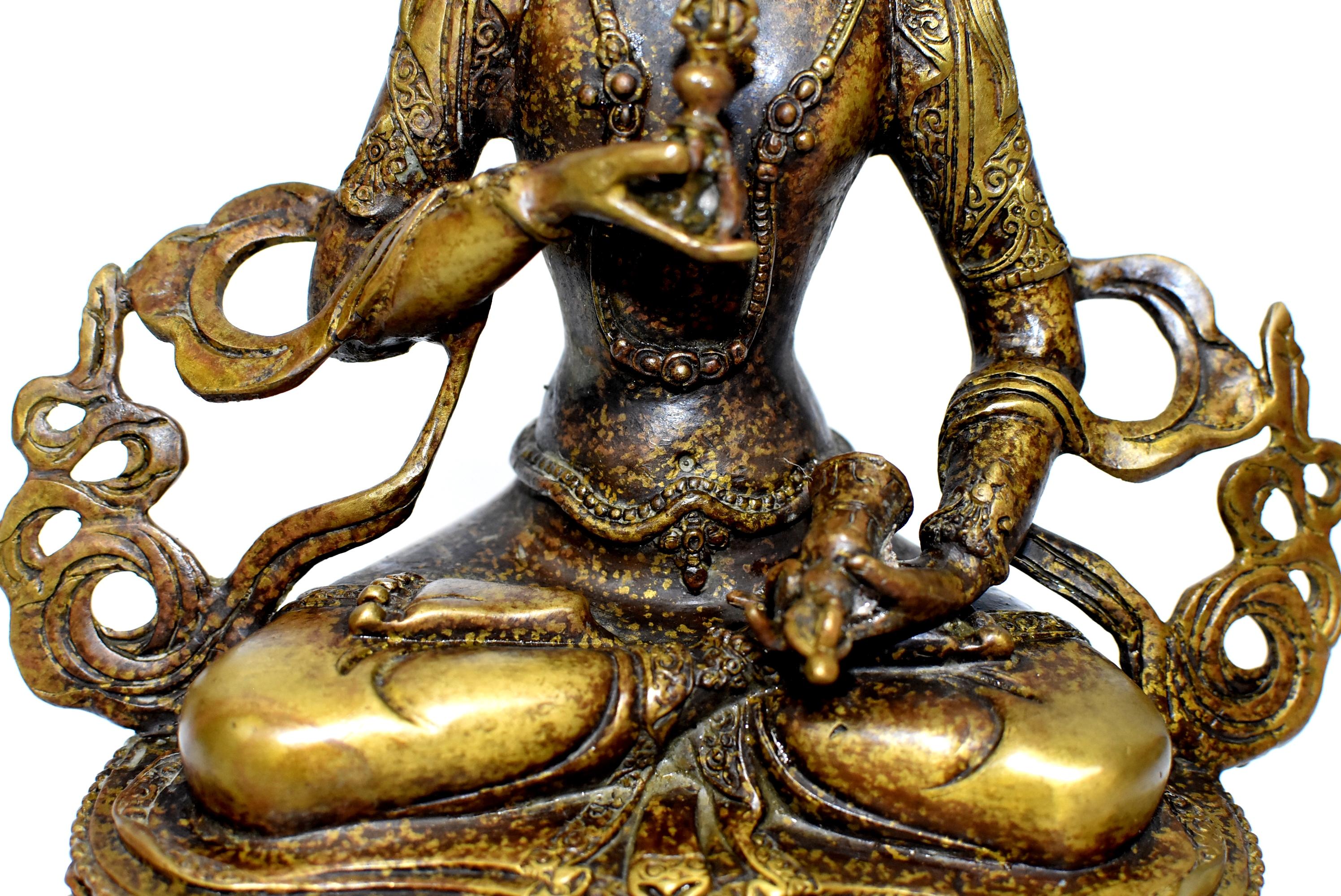 Bronze Tibetan Buddha Vajrassatva with Dorje and Bell, Mottled Gold  1
